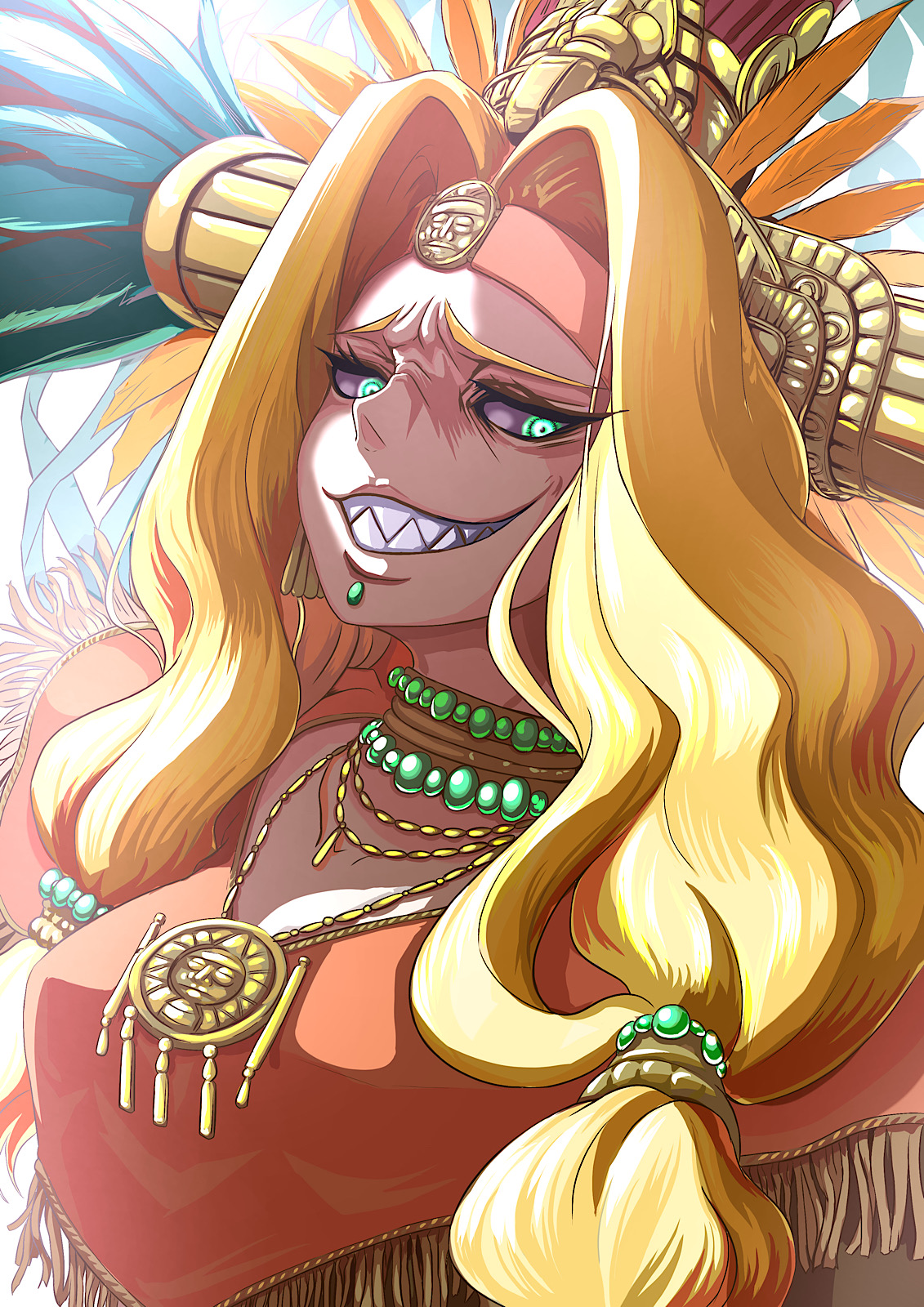 Wallpaper, Fate Series, Fate Grand Order, anime girls, mature women, no bra, big boobs, long hair, smiling, messy hair, 2D, looking at viewer, Quetzalcoatl FGO, blond hair, sunlight, teeth, Aztec, green