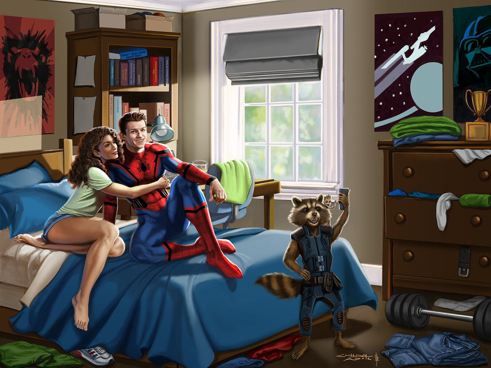 Spiderman Tom Holland Michelle MJ Jones And Rocket Racoon And Groot, Sandra Chang Adair