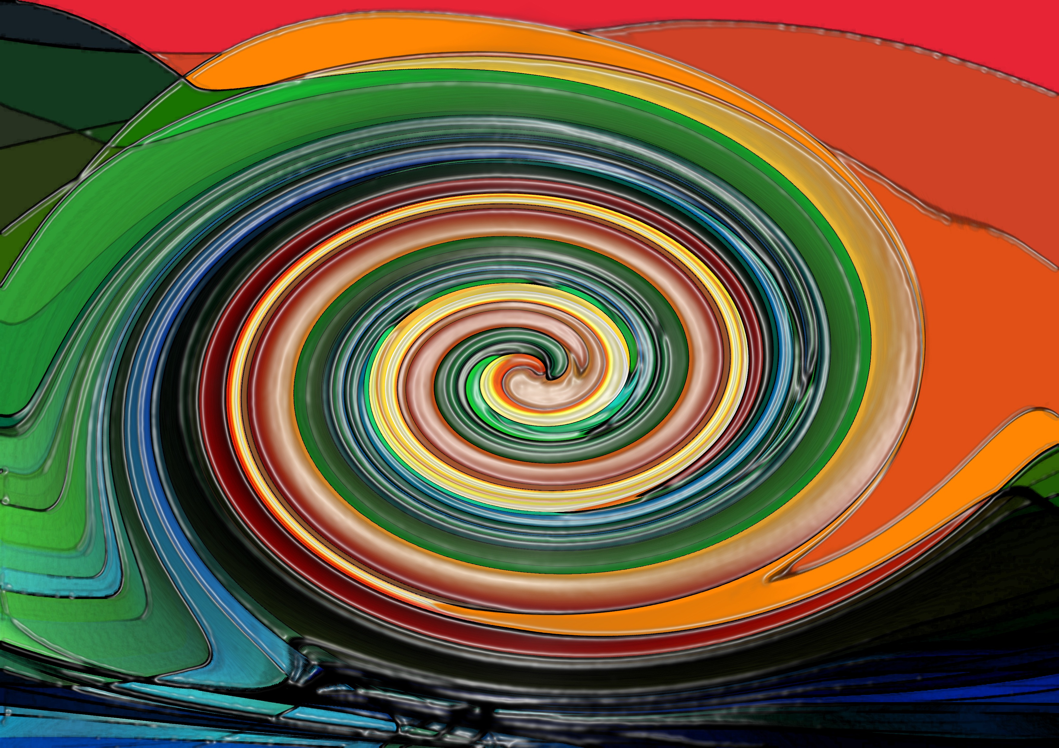 Free Image, spiral, wave, line, green, color, colorful, circle, illustration, symmetry, shape, screenshot, strudel, sog, vortex, computer wallpaper, psychedelic art, fractal art 3508x2480