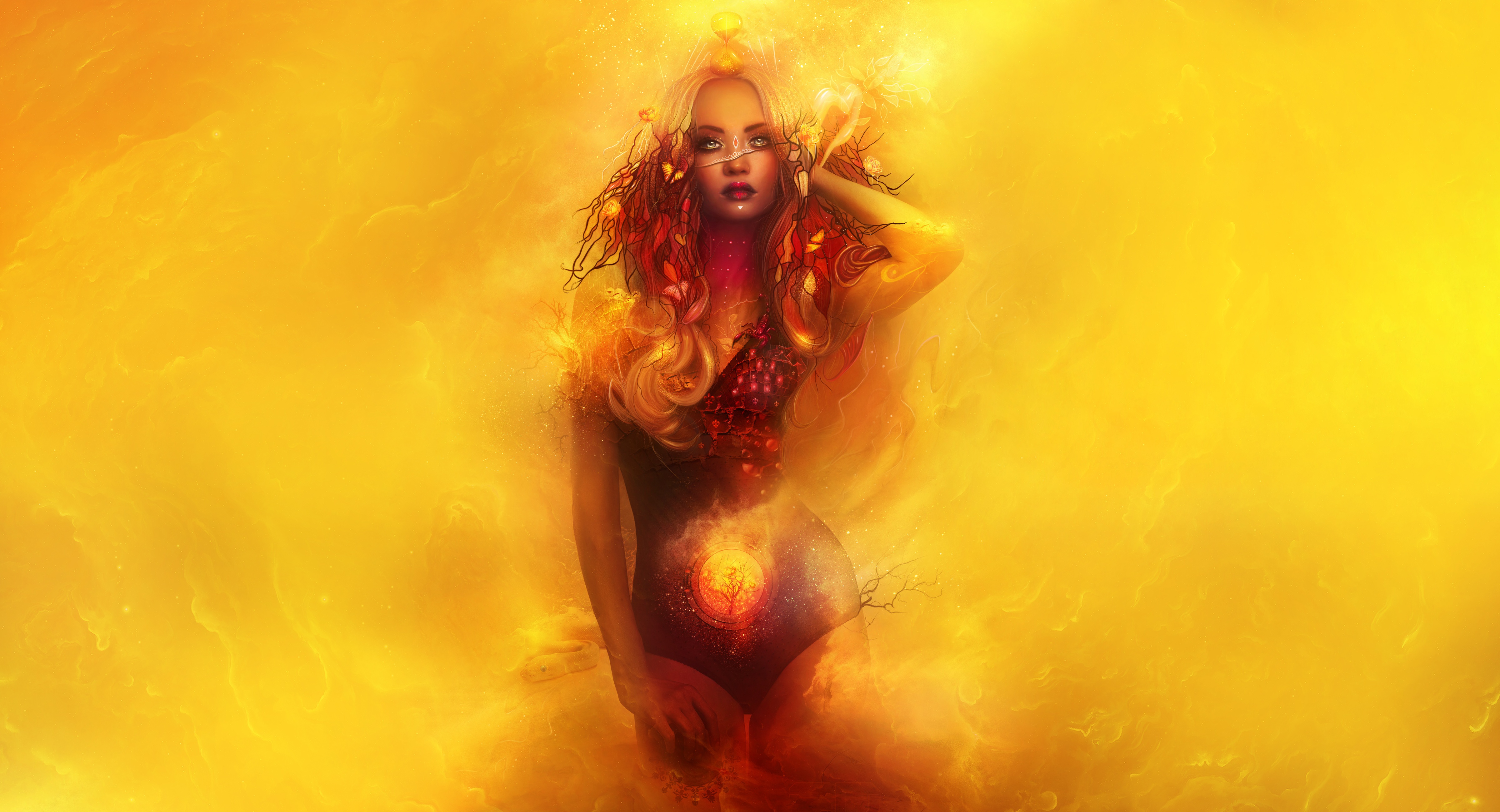 Wallpaper, yellow background, artwork, fantasy girl, fantasy art 4800x2600