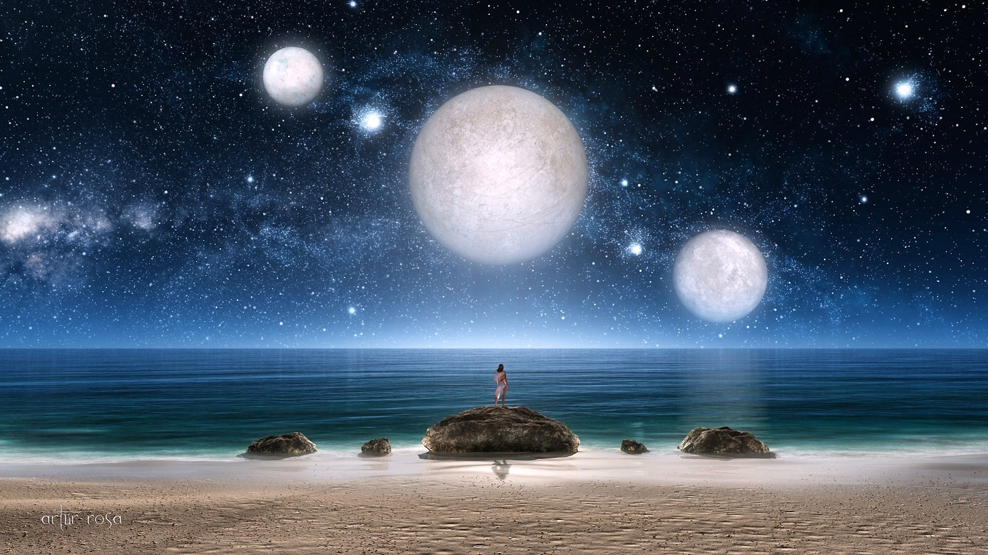 Alone Artistic Girl Moon Ocean Planet Sea Sky Woman Wallpaper:1920x1080