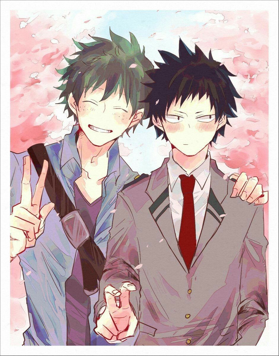 Izuku, Kouta, peace sign, smiling, school, uniforms, blushing, sakura blossoms, trees; My. Boku no hero academia, My hero academia shouto, My hero academia manga