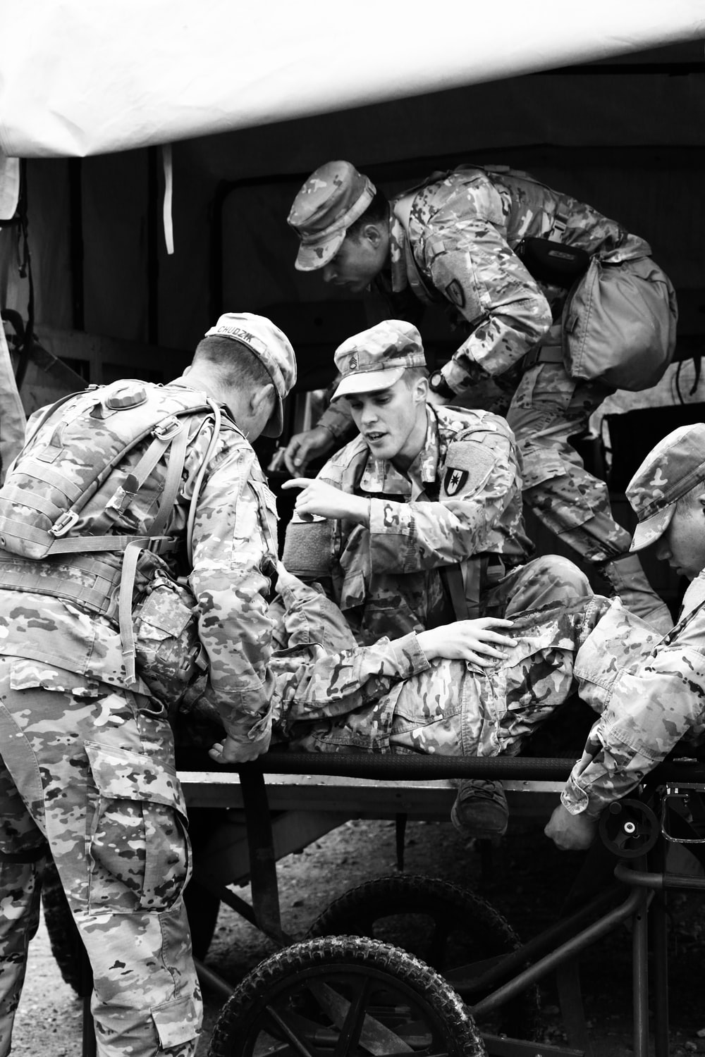 grayscale photography of army photo
