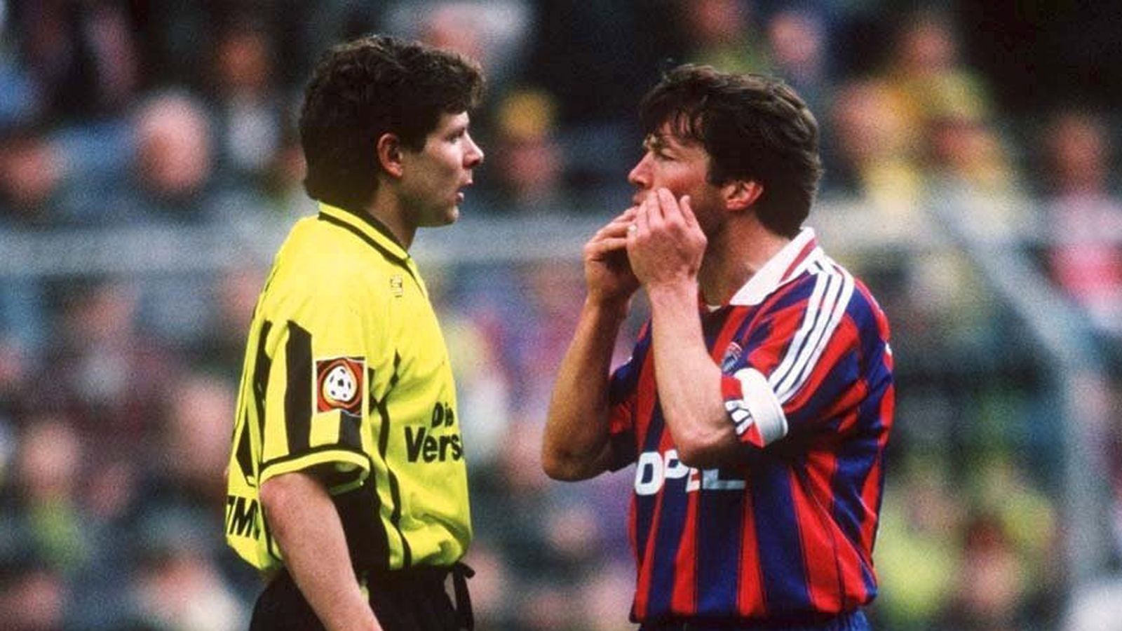 Lothar Matthäus and Andreas Möller clash in this 1997 Der Klassiker match Football Works