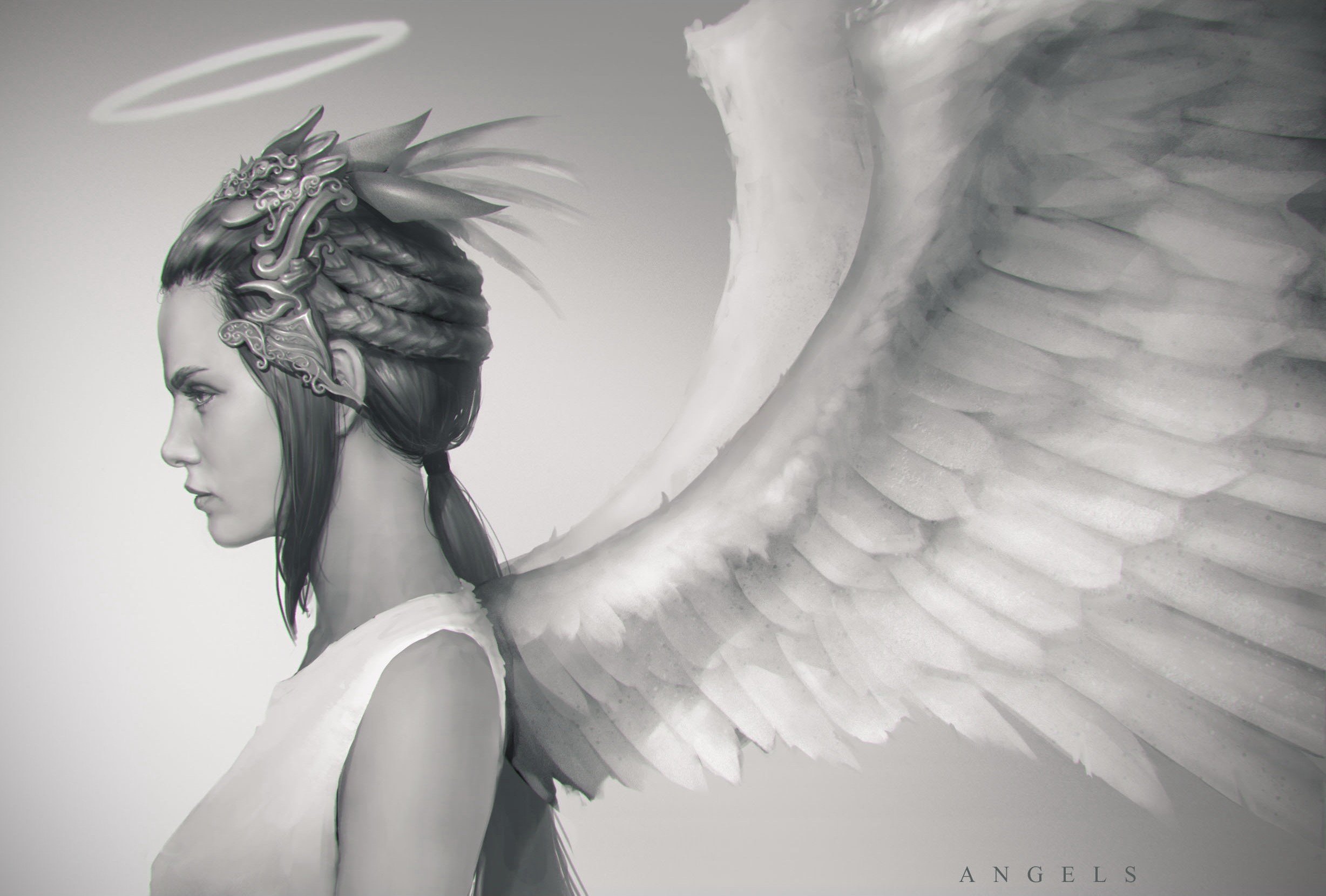 Wallpaper, 2456x1661 px, angel, digital art, Halo, white, wings 2456x1661