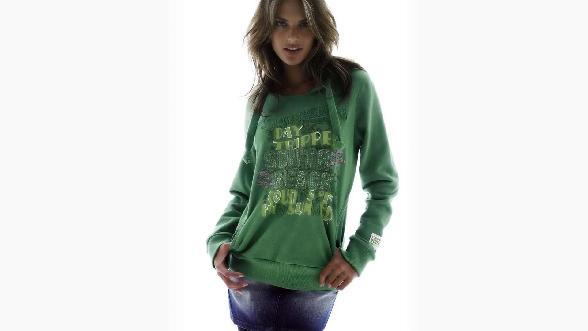 Wallpaper, women, model, T shirt, simple background, green, jacket, hood, sweater, leather, spring, clothing, magenta, Alessandra Ambrosio, pocket, hoodie, textile, photo shoot, outerwear, sleeve, blouse 1920x1080
