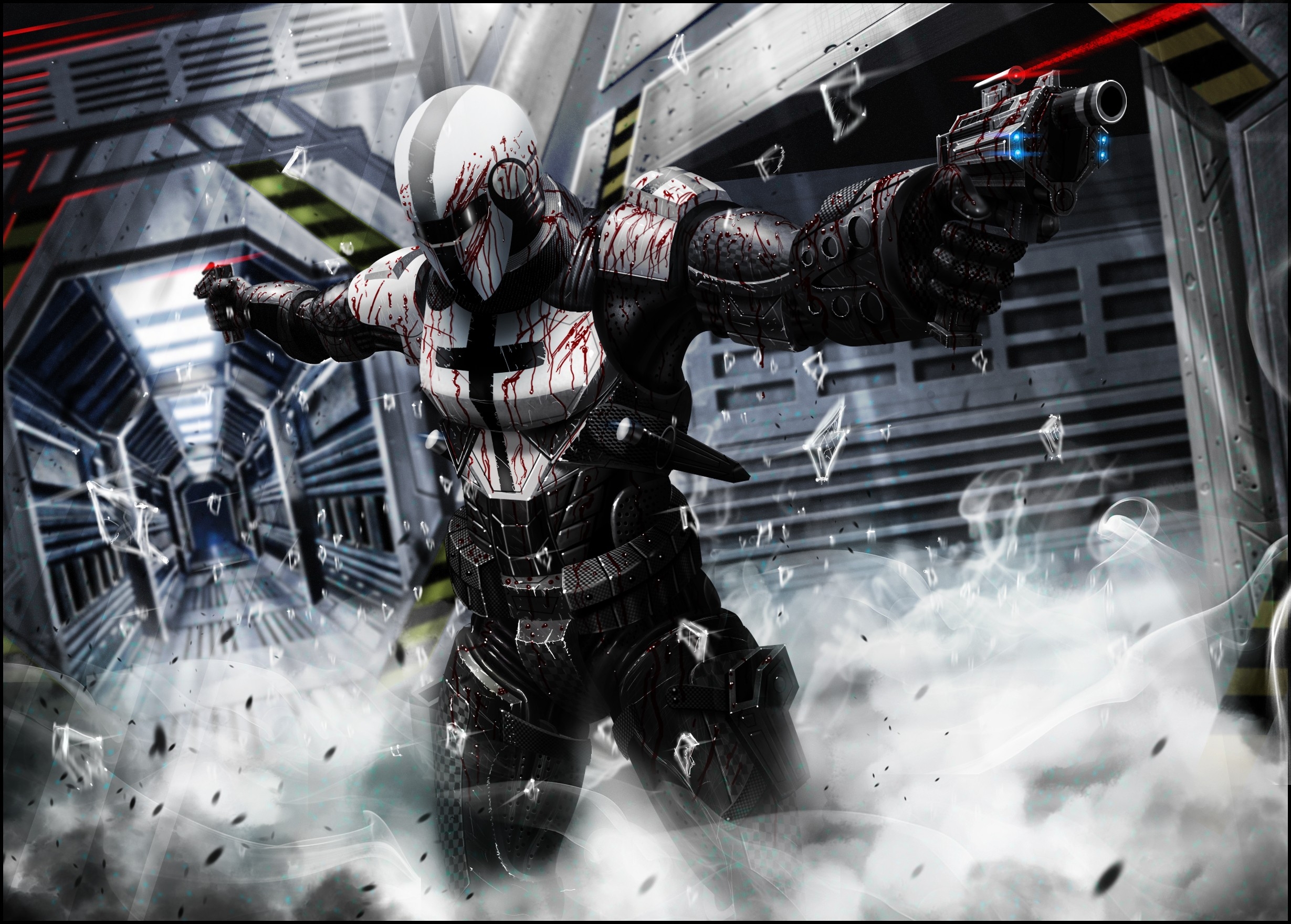 futuristic blood smoke smokes warriors corridor armored suit 2459x1760 wallpaper High Quality Wallpaper, High Definition Wallpaper