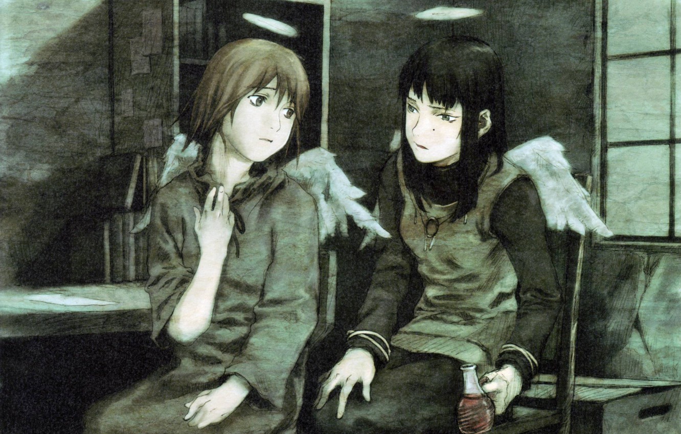 Wallpaper room, books, wings, window, the conversation, halo, the reki, two girls, rakka, haibine renmei, by yoshitoshi abe image for desktop, section сёнэн