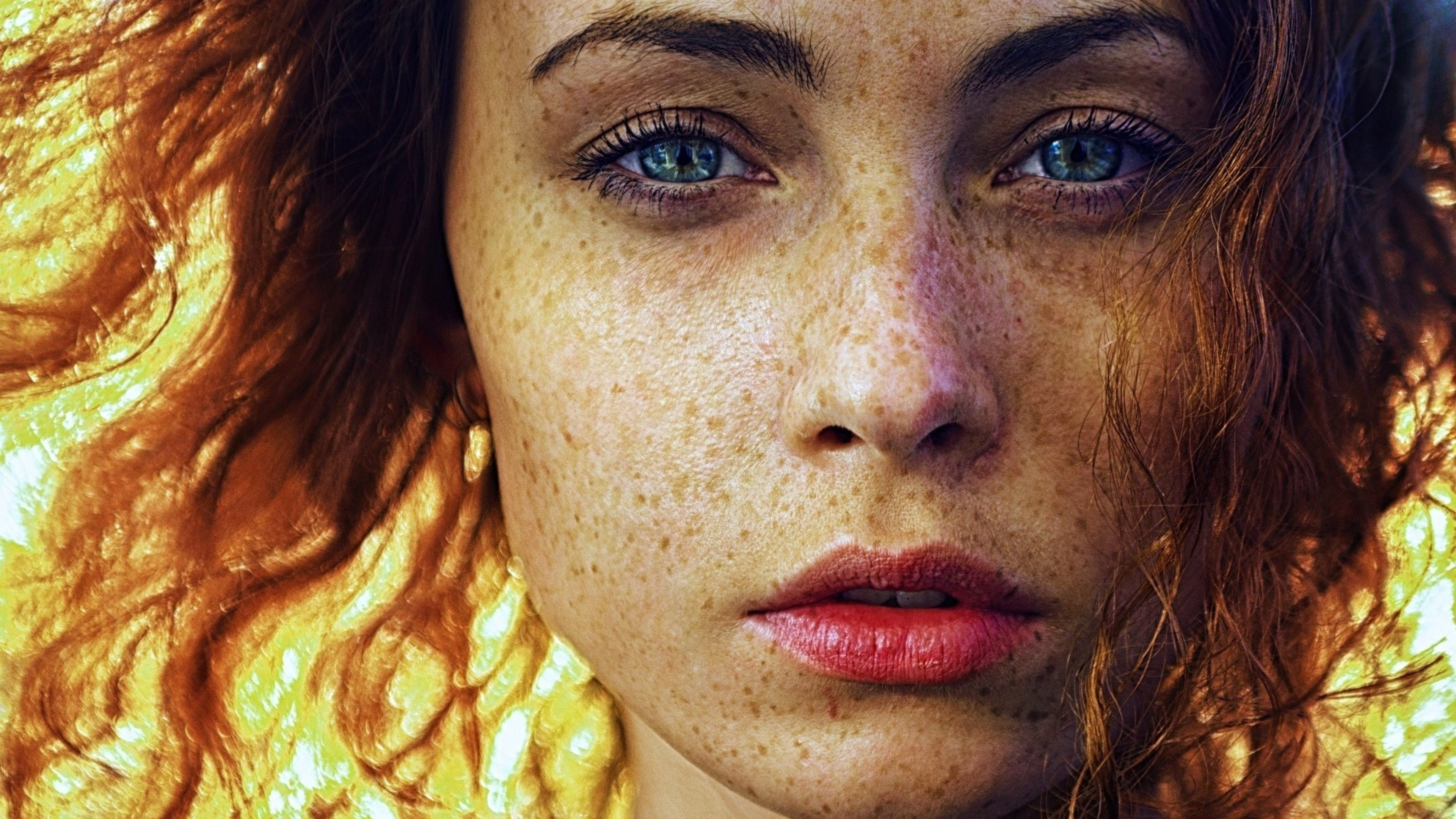 Download 3840x2160 Women, Freckles, Close Up Face, Blue Eyes, Red Lipstick Wallpaper For UHD TV
