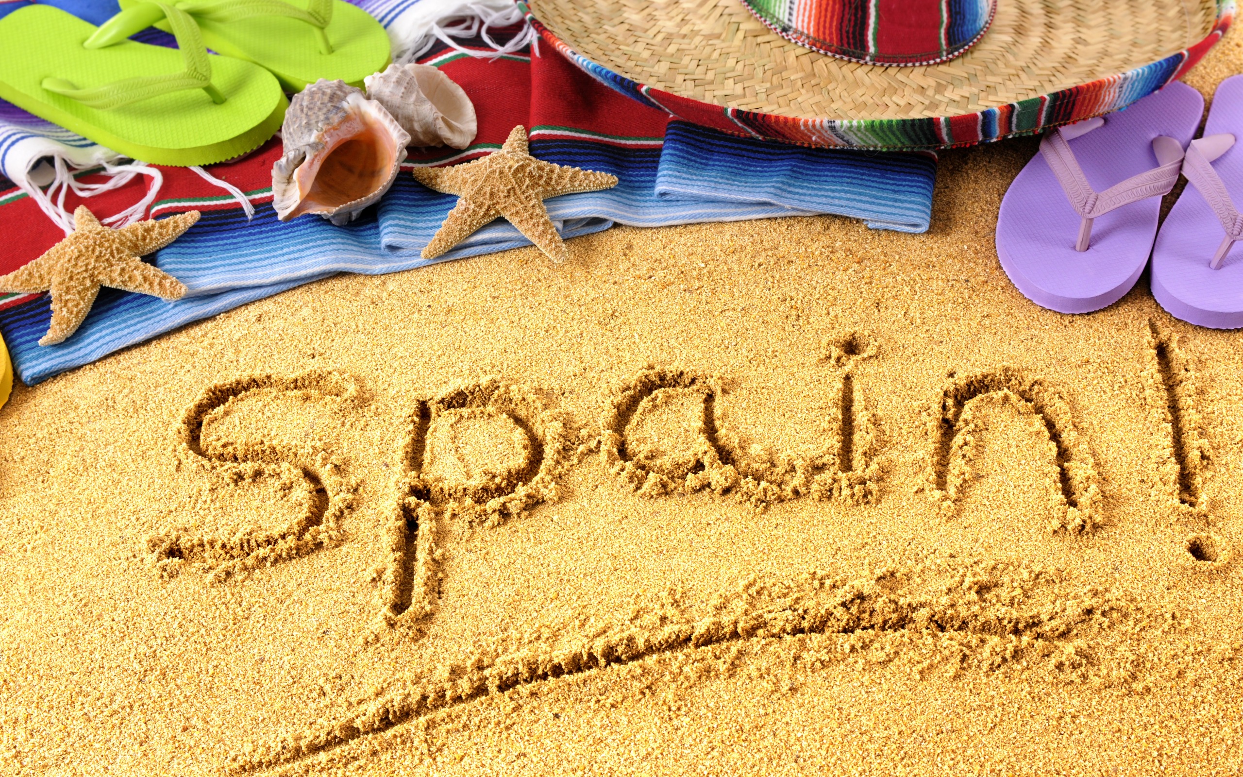 Download wallpaper Summer travel, beach, sand, traveling to Spain, beach accessories, summer, Spain for desktop with resolution 2560x1600. High Quality HD picture wallpaper