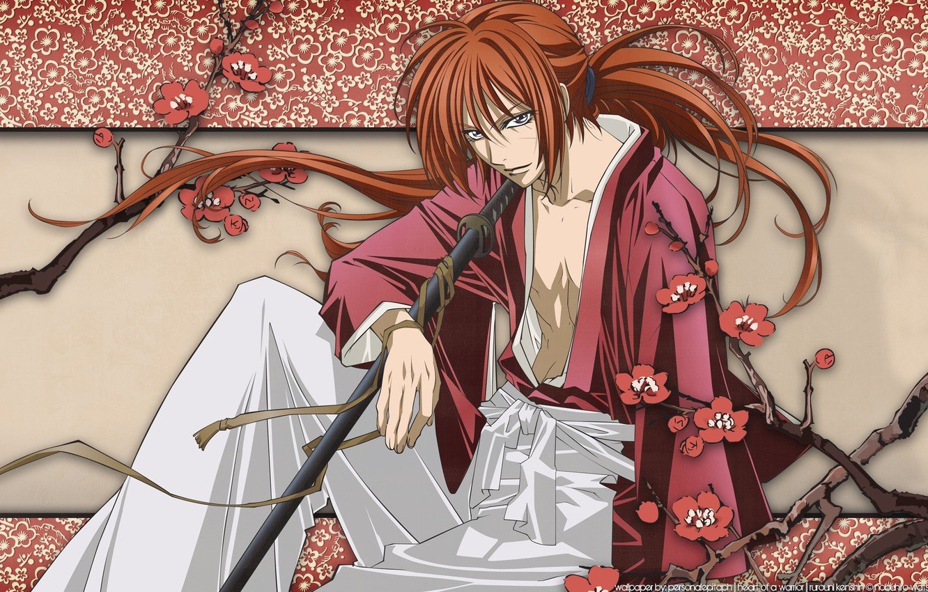 Wallpaper branches, katana, red, sitting, scar, Sakura, swordsman, Battousai, Rurouni Kenshin, cheek, Himura Kenshin image for desktop, section прочее