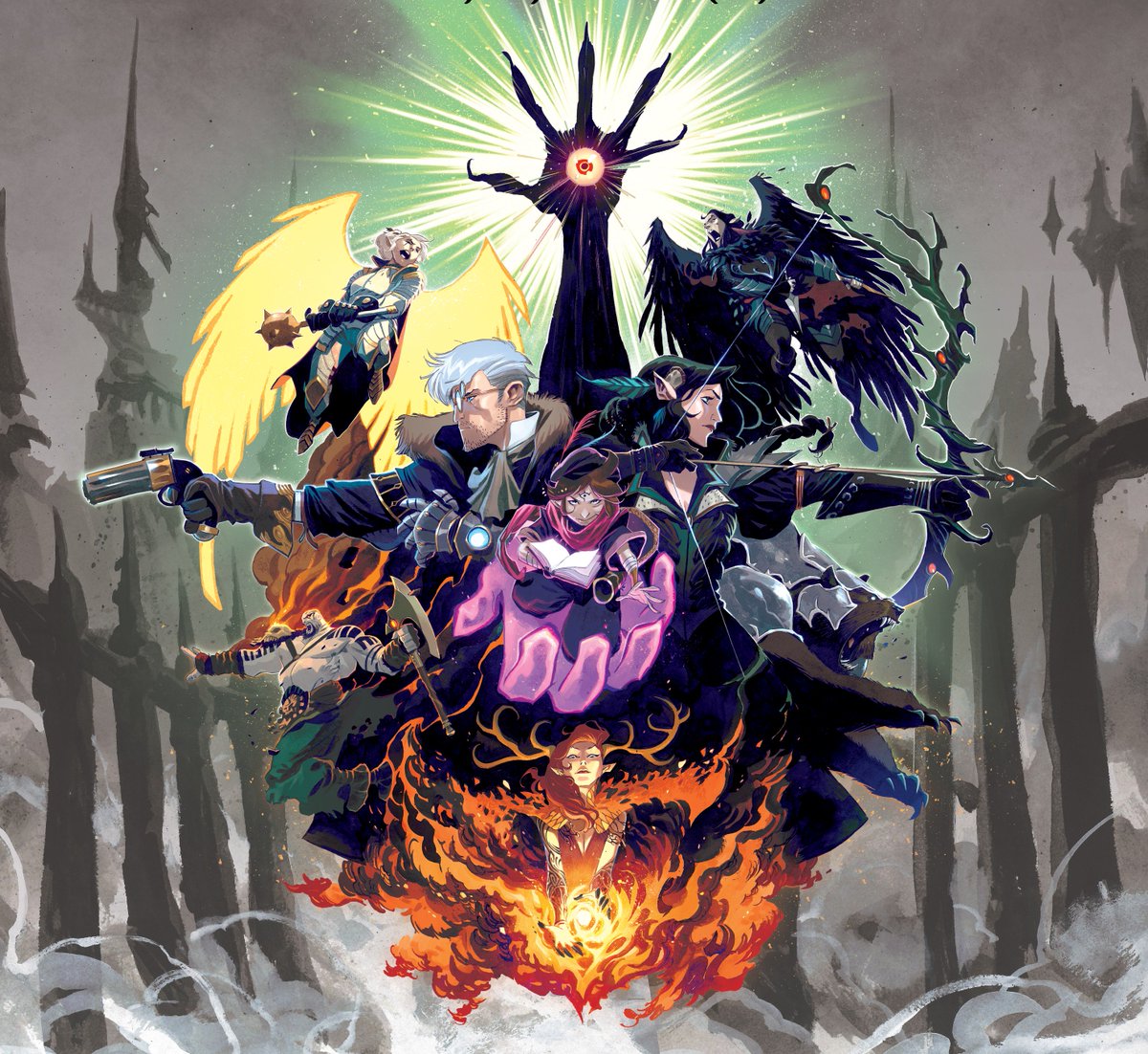 Critical Role closer look at our standard edition cover art, created & Moreno Denisio, for The Chronicles of Exandria II: The Legend of Vox Machina - our