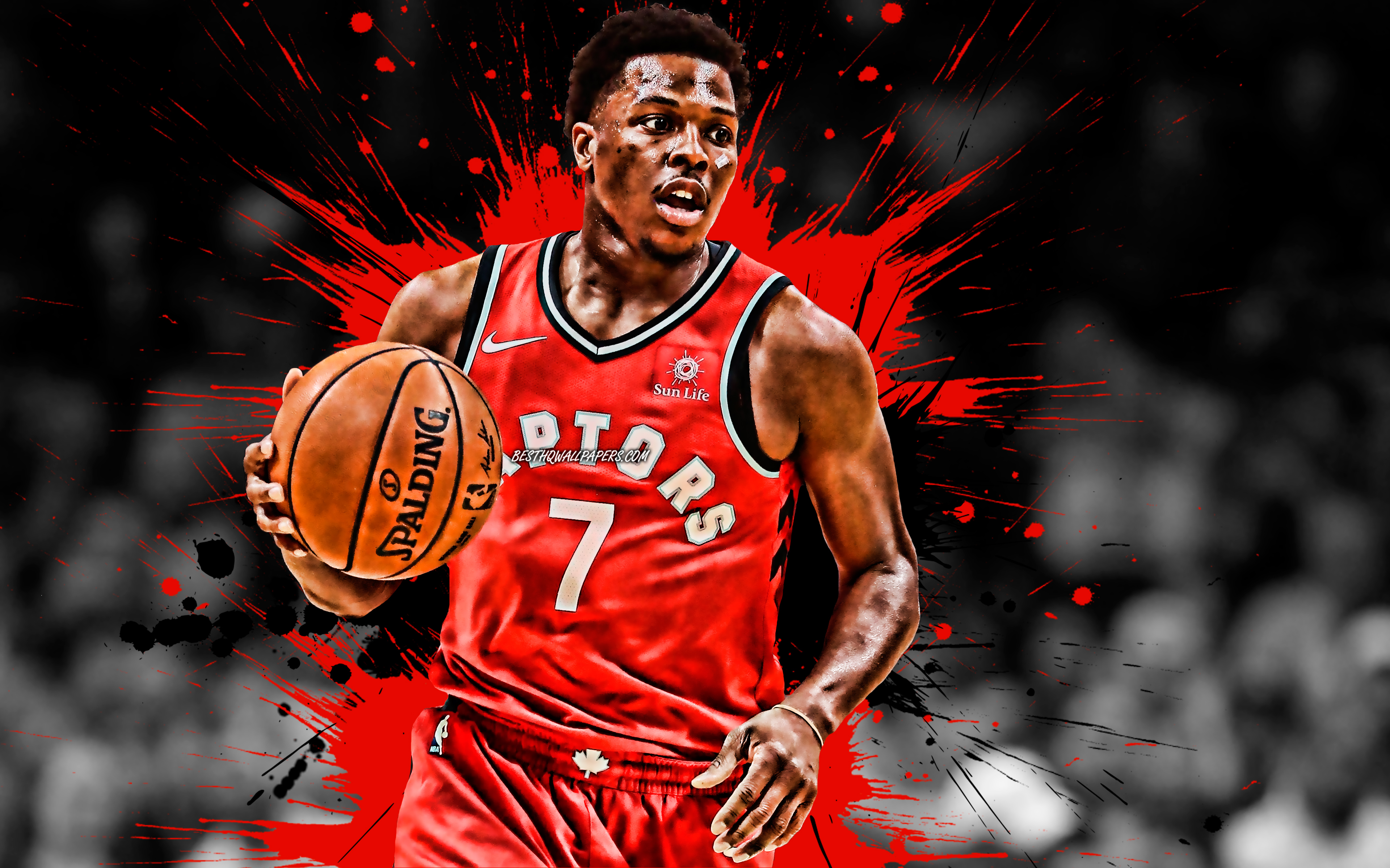 Download wallpaper Kyle Lowry, American basketball player, Toronto Raptors, defender, red black paint splashes, creative art, NBA, USA, basketball, National Basketball Association, grunge for desktop with resolution 3840x2400. High Quality HD picture