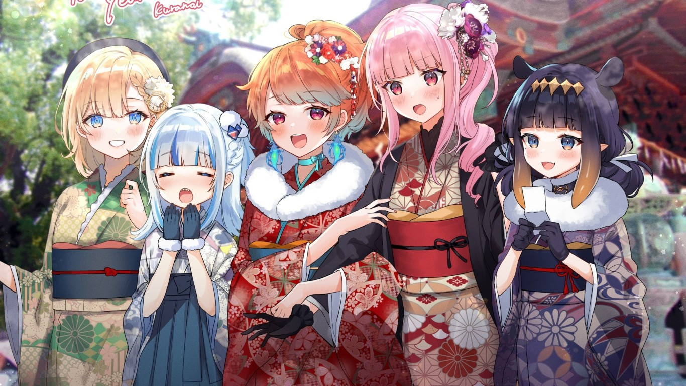 Download 1366x768 Gawr Gura, Amelia Watson, Mori Calliope, Ninomae Inanis, Hololive, Virtual Youtuber Wallpaper for Laptop, Notebook