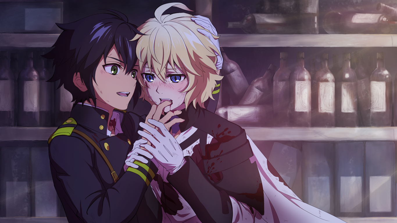 Download 1366x768 Owari No Seraph, Yuichiro Hyakuya, Mikaela Hyakuya, Vampire Wallpaper for Laptop, Notebook