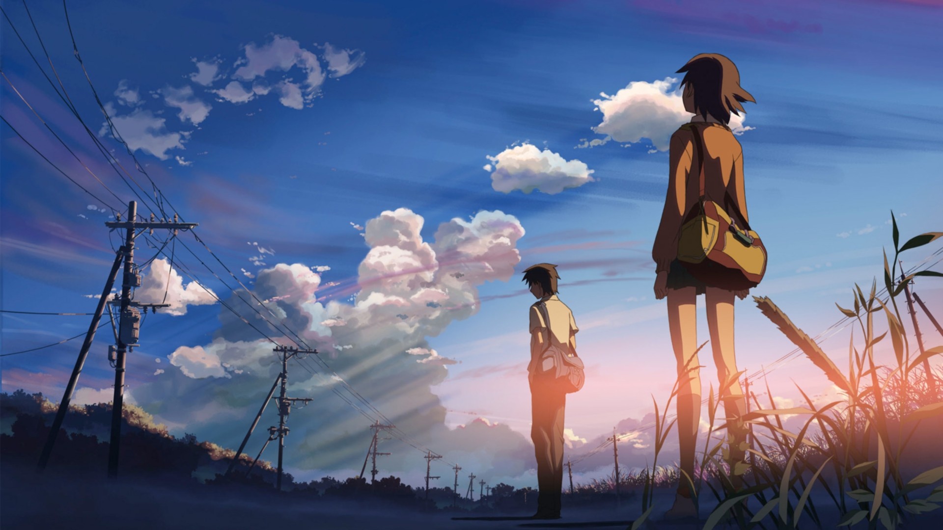 #anime boys, #power lines, #utility pole, #anime girls, #students, #sunlight, #clouds, Centimeters Per Second, #Makoto Shinkai, #nature, # anime, wallpaper. Mocah HD Wallpaper