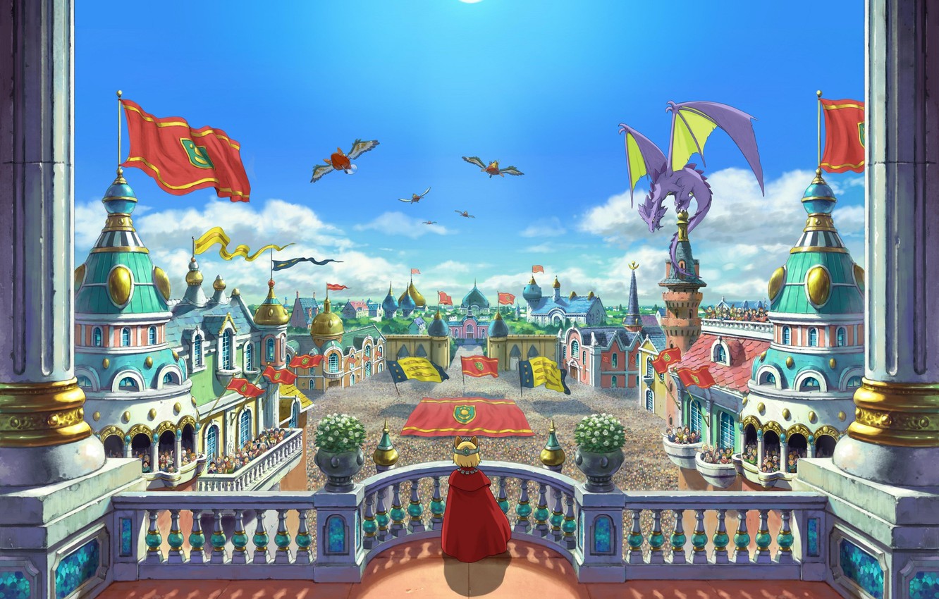Wallpaper The Sky, The Sun, Dragon, The Crowd, Home, Balcony, King, PS4, Ni No Kuni II: Revenant Kingdom, Level 5 Image For Desktop, Section игры