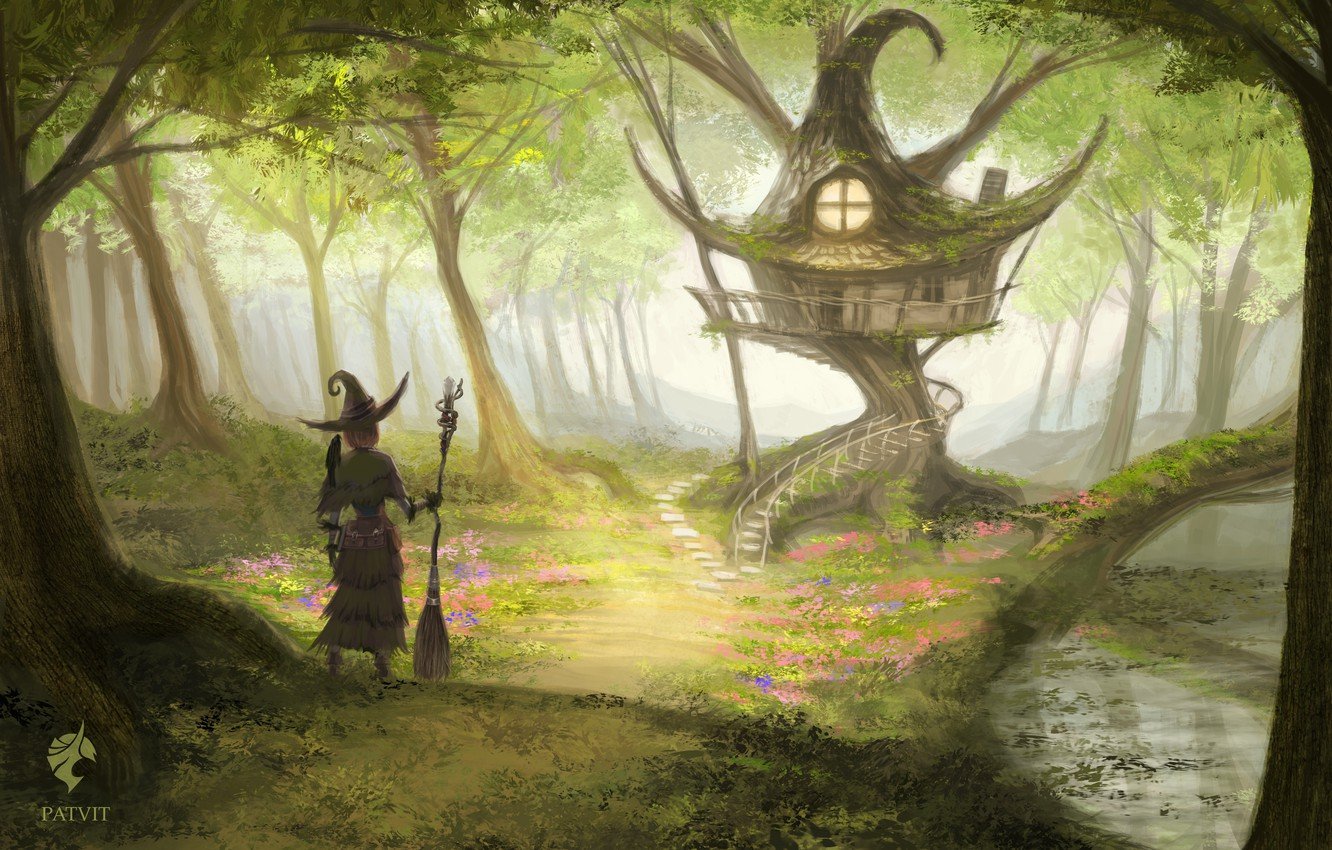 Wallpaper forest, house, witch image for desktop, section фантастика
