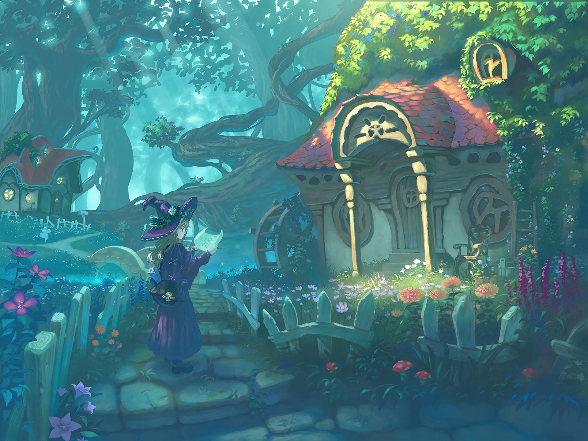 Witch Girl Anime Landscape Toon Colors Forest Tree House Anime. Witch Wallpaper, Anime Wallpaper, Art Wallpaper