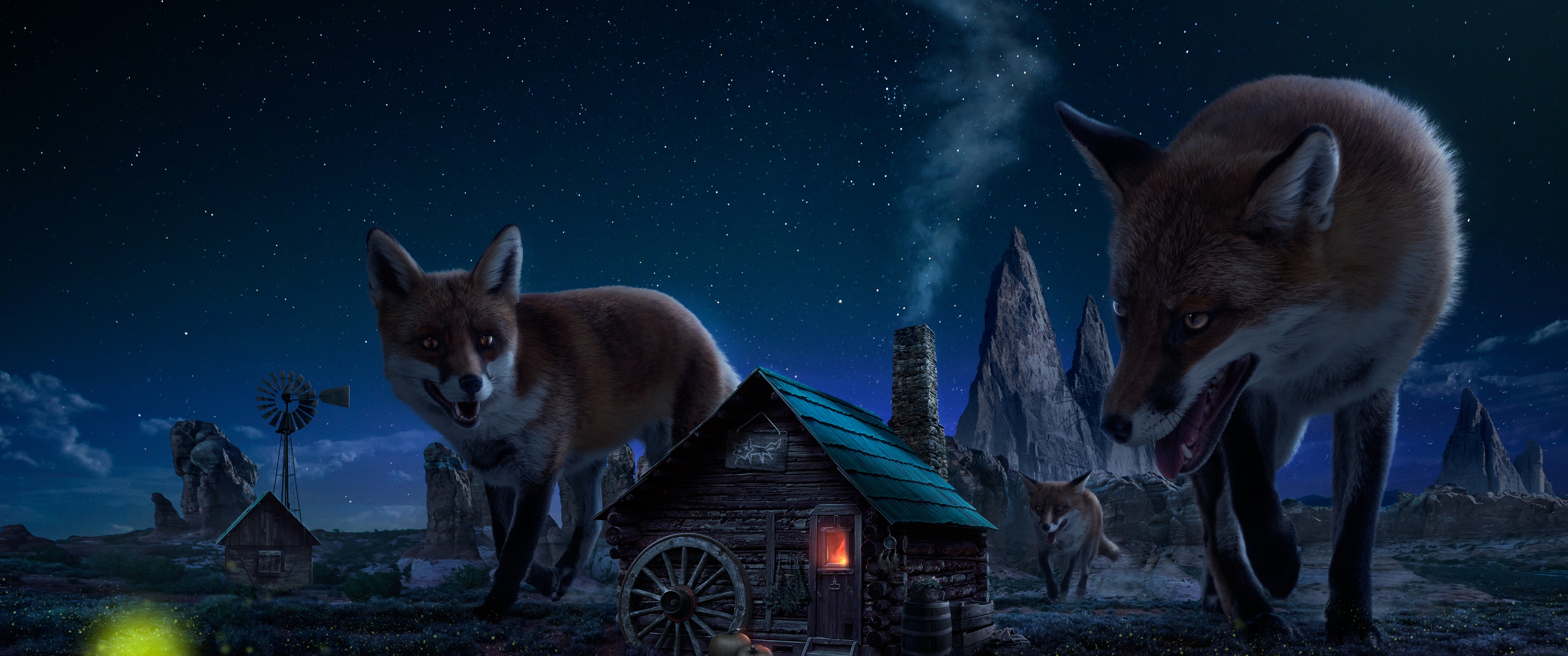 Witch House Wallpaper 4K, Fox, Wild animals, Starry sky, Twilight, Fantasy