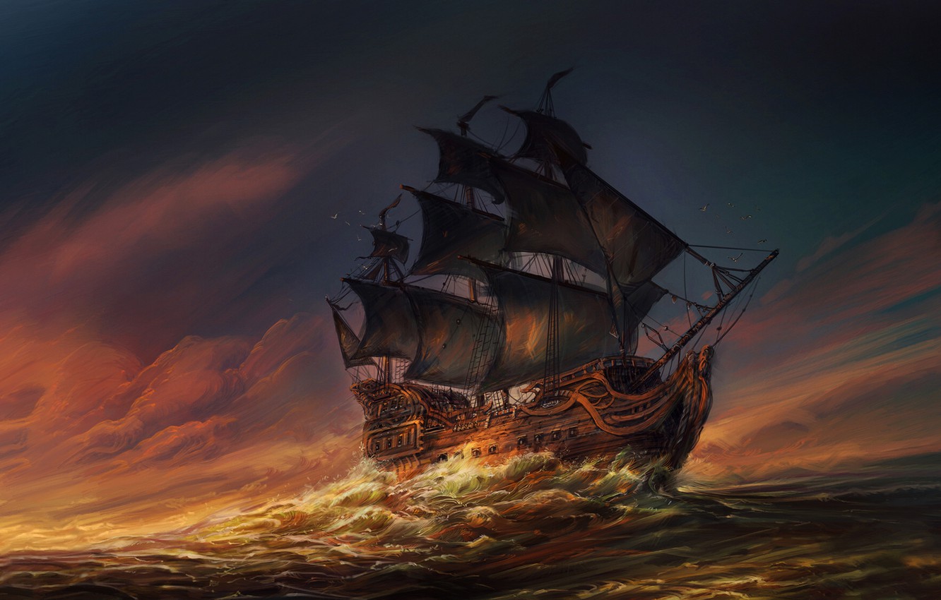 Wallpaper The ocean, Sea, Wave, Ship, Sails, Sunset, Ocean, Illustration, Sea, Ship, Waves, Sails, At Sea, Jorge Jacinto, by Jorge Jacinto image for desktop, section живопись