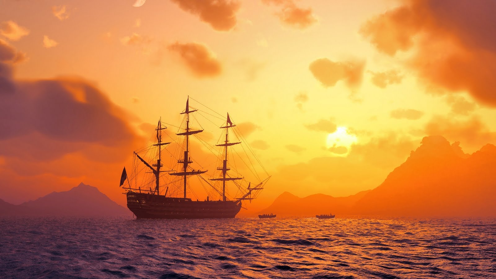 Sunset Ship At Sea Wallpaper In The Sunset HD Wallpaper