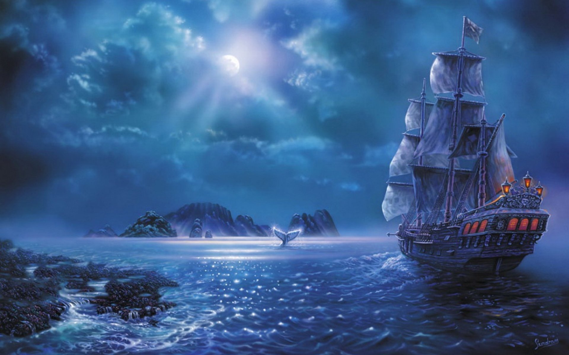 Wallpaper, 1920x1200 px, ART, artwork, boat, fantasy, ocean, sea, ship 1920x1200