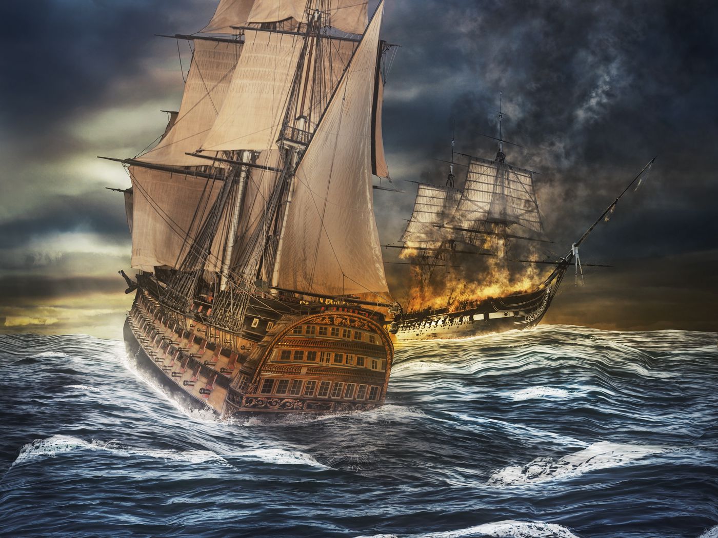 Download wallpaper 1400x1050 ships, sea, storm, sea battle, photohop standard 4:3 HD background