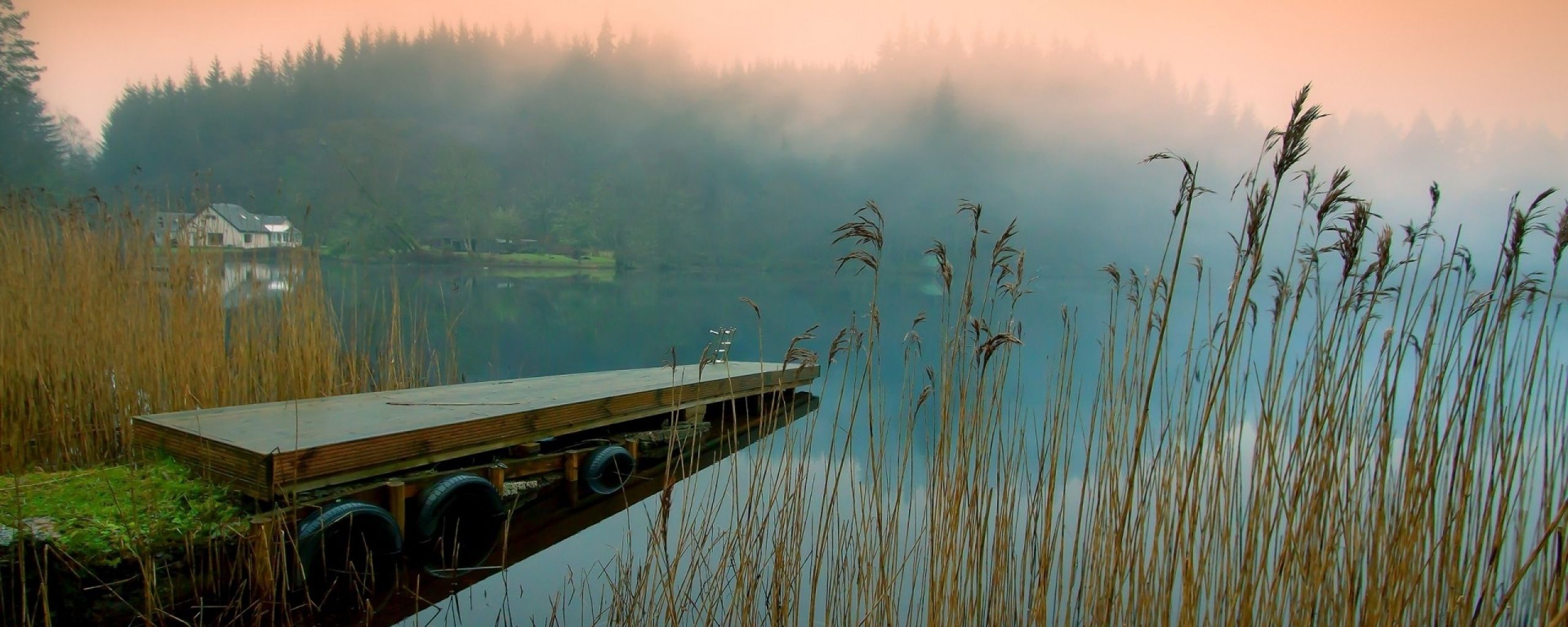 Download Wallpaper 2560x1024 Pier, Fog, Grass, Lake Dual Monitor Resolution HD Background. Background, Lake, Fog