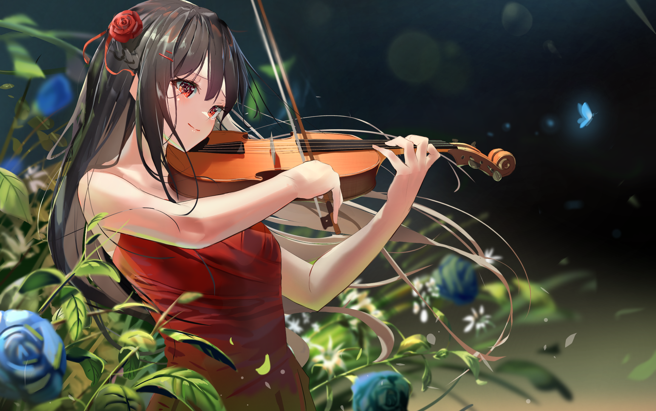 Anime girl in a red dress playing the violin HD Wallpaper