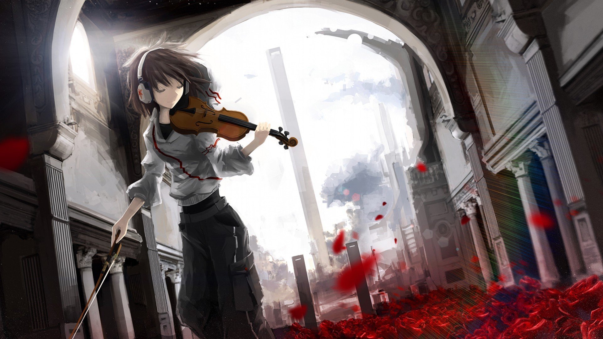 anime, Anime Girls, Violin, Headphones, Rose, Leaves, Building, Architecture, Original Characters Wallpaper HD / Desktop and Mobile Background
