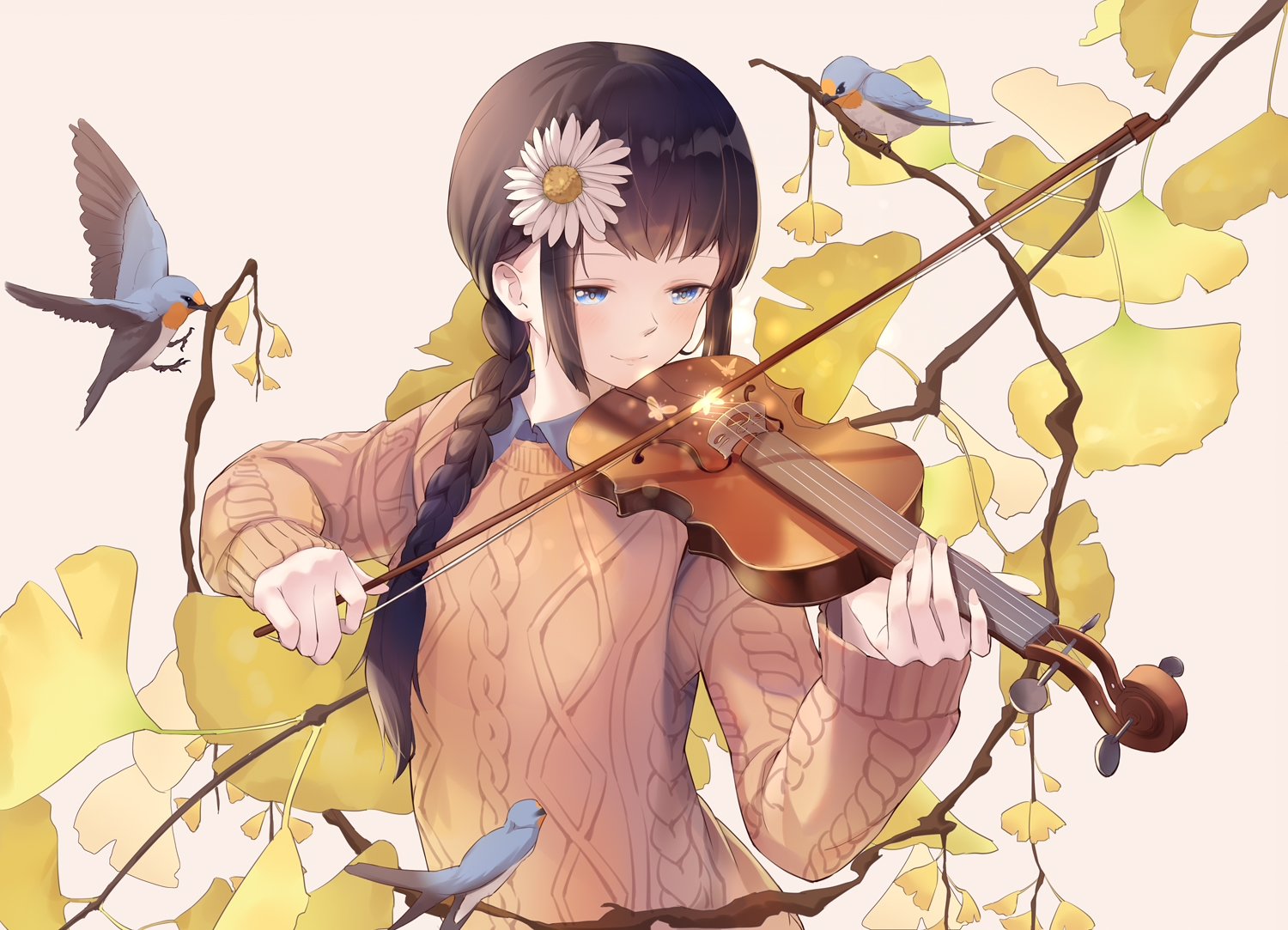 Wallpaper, anime girls, flower in hair, original characters, violin, birds 1500x1083