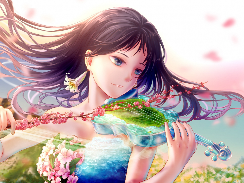 Desktop wallpaper beautiful, violin play, anime girl, original, HD image, picture, background, 049948