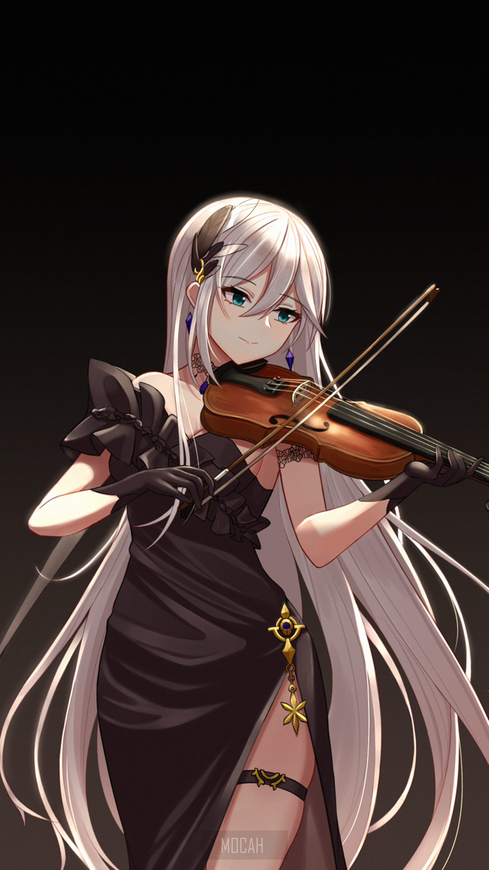 anime, anime girl, violin, grey hair, green eyes, black dress wallpaper HD download, 1688x3000. Mocah HD Wallpaper