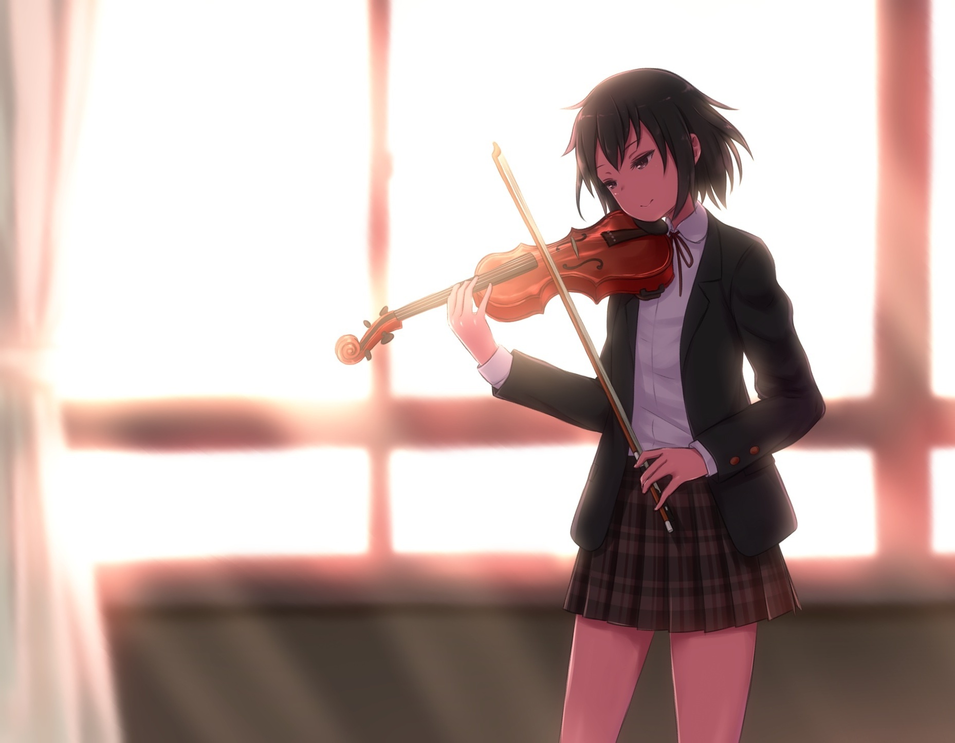 Wallpaper Anime Girl, Violin, Instrument, School Uniform, Sunlight:1858x1447