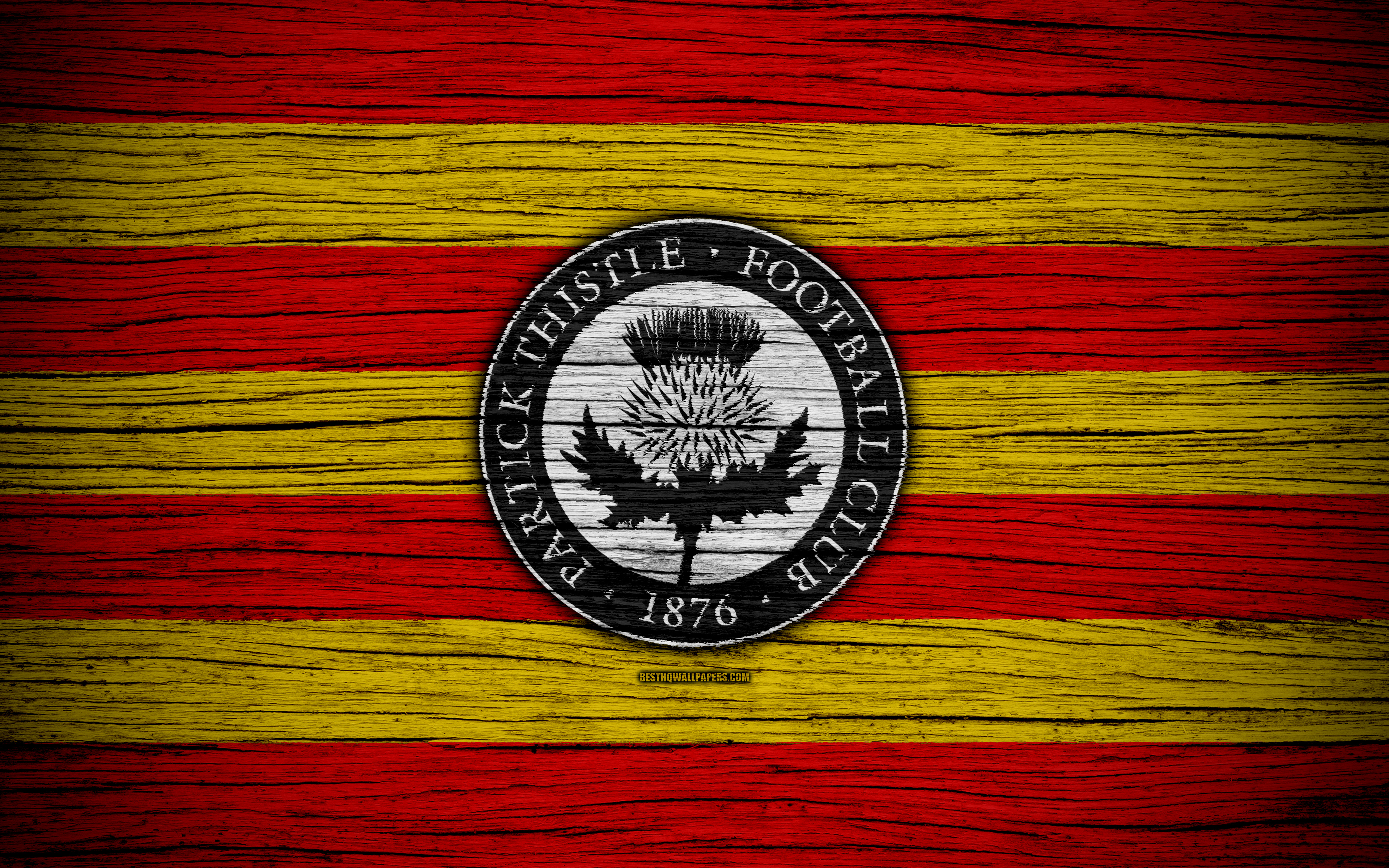 Download wallpaper 4k, Partick Thistle FC, logo, Scottish Premiership, soccer, football, Scotland, Partick Thistle, wooden texture, Scottish Football Championship, FC Partick Thistle for desktop with resolution 3840x2400. High Quality HD picture