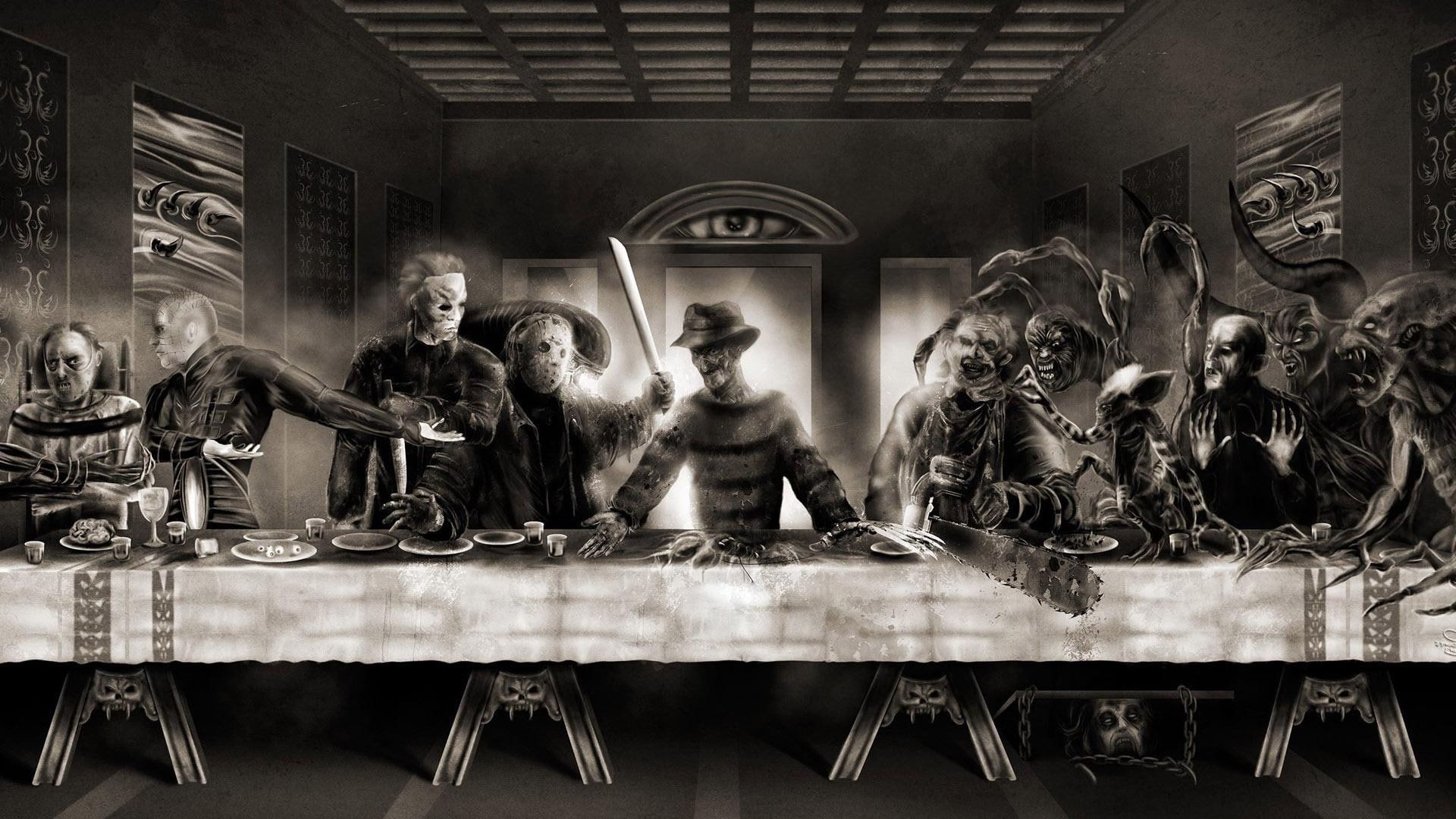 Horror Last Supper, horror themed last supper digital art x1080 #alien #werewolf last supper freddie krueger hannib. Horror movie art, Last supper, Movie art