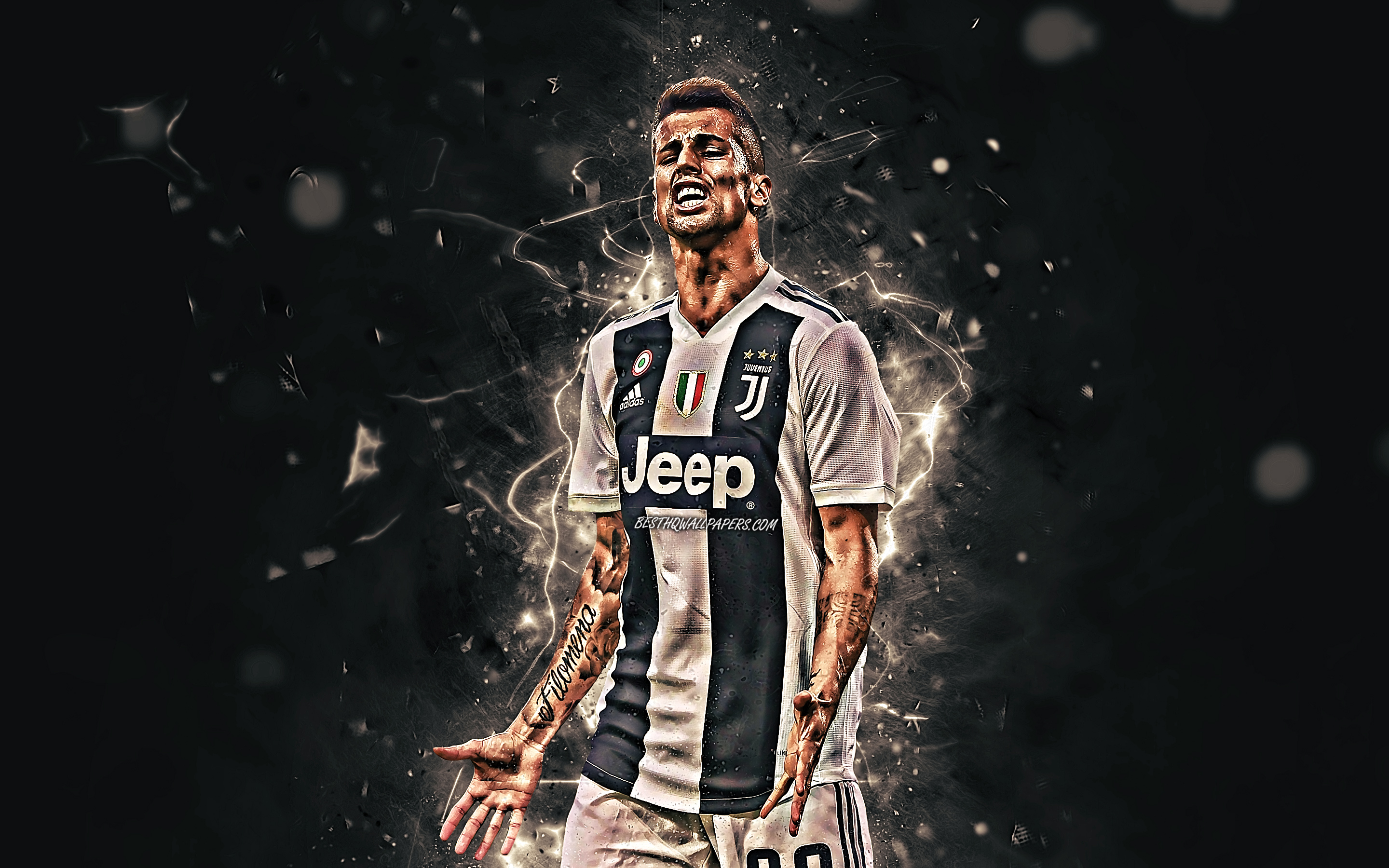 Download wallpaper Rodrigo Bentancur, Juve, soccer, Serie A, neon lights, Juventus FC, Uruguayan footballers, Bentancur, Bianconeri for desktop with resolution 2880x1800. High Quality HD picture wallpaper