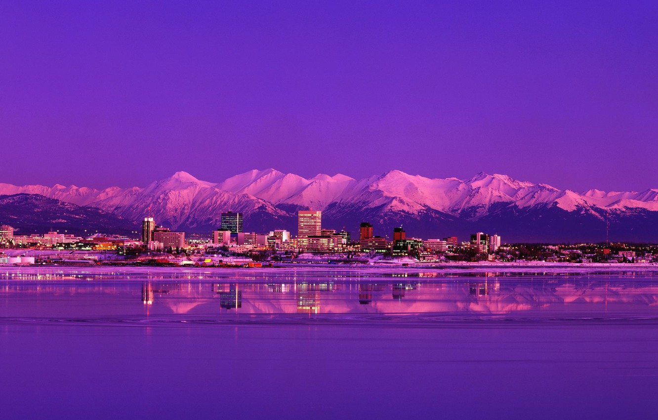 Wallpaper mountains, night, the city, lake, Alaska, evening, Anchorage image for desktop, section город