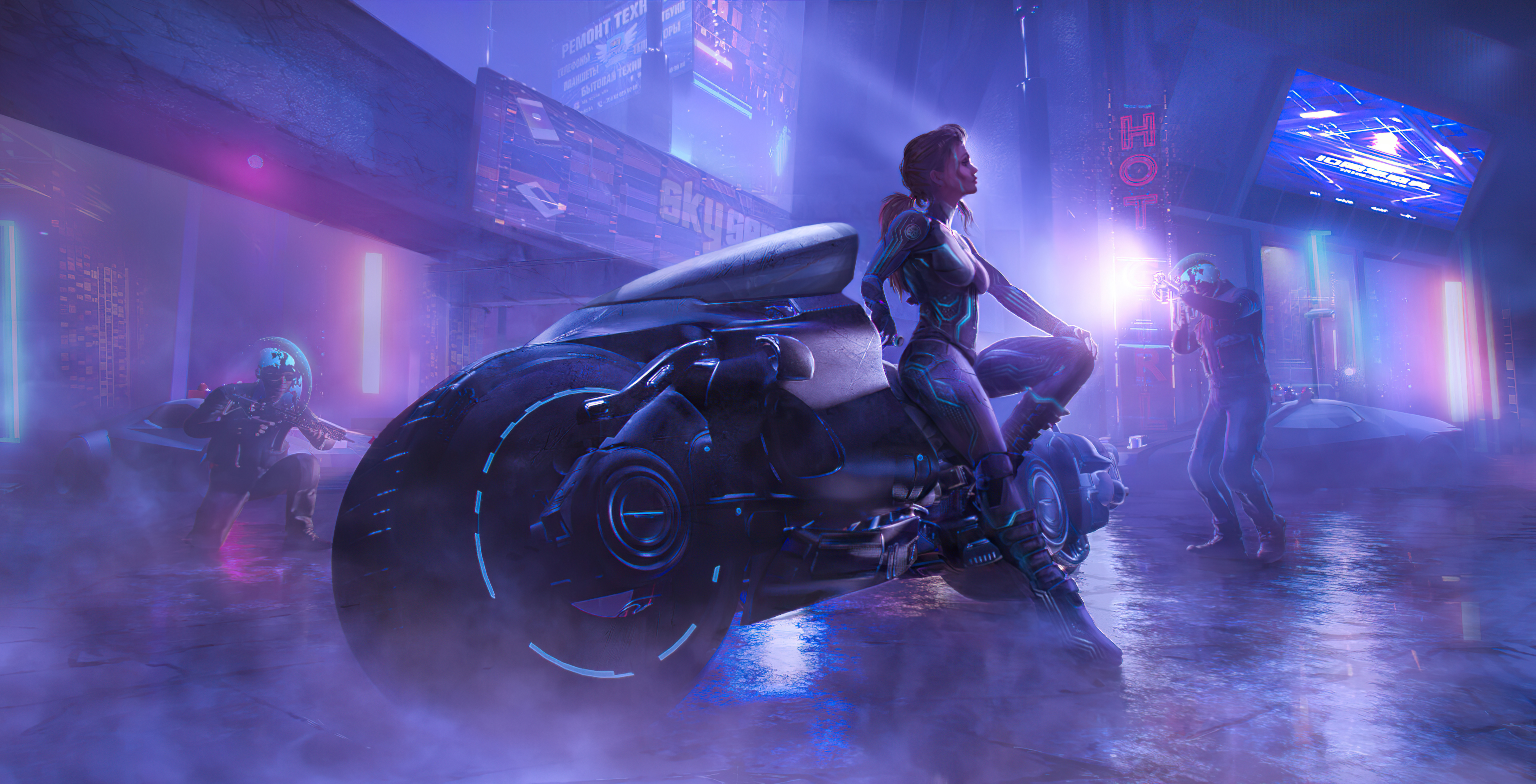 Download 1920 X 1080 Gaming Cyberpunk Woman With Motorcycle Wallpaper