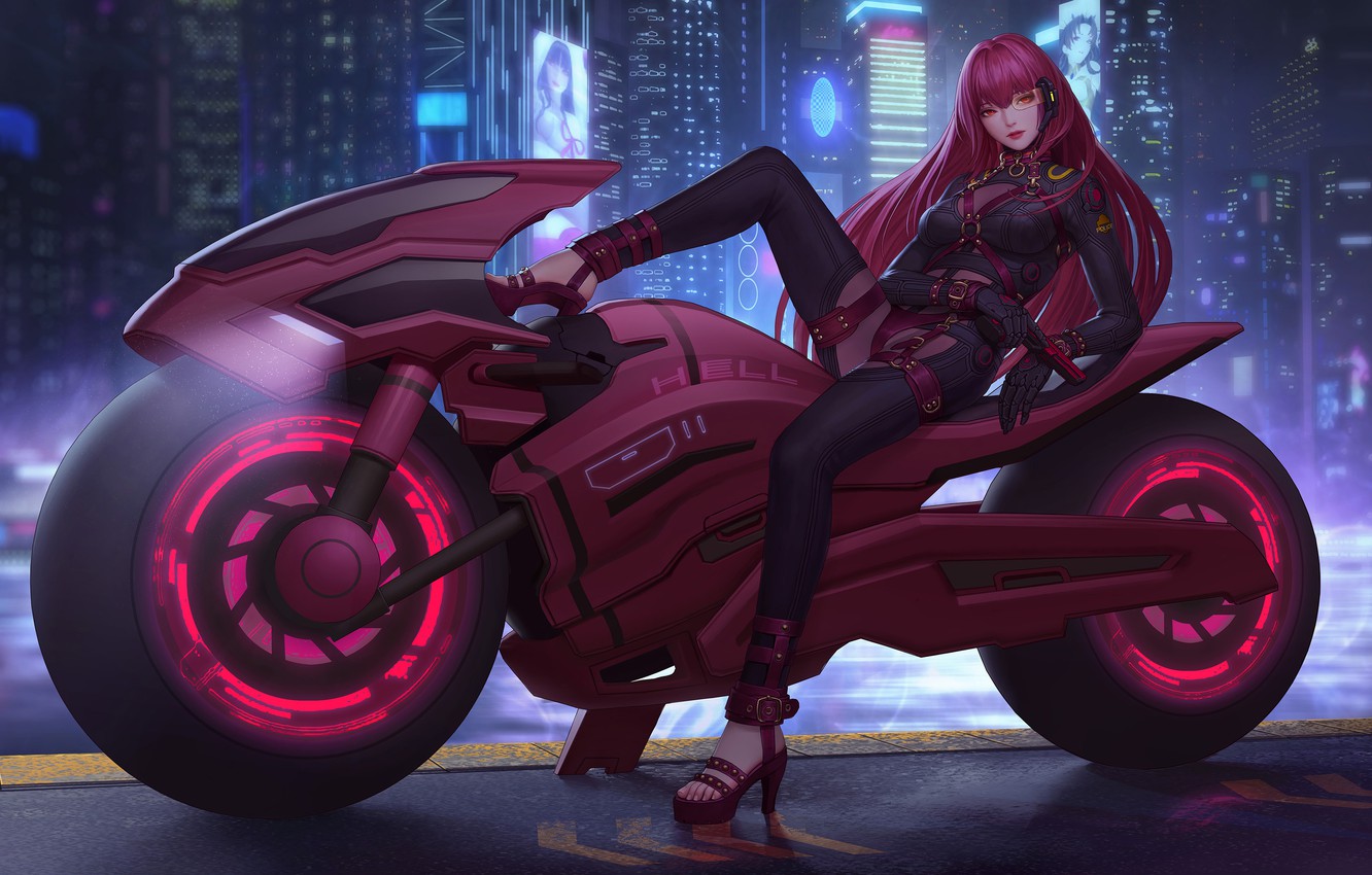 Wallpaper gun, anime girl, fate grand order, city cyberpunk motorcycle night, tech girl weapon image for desktop, section сёнэн