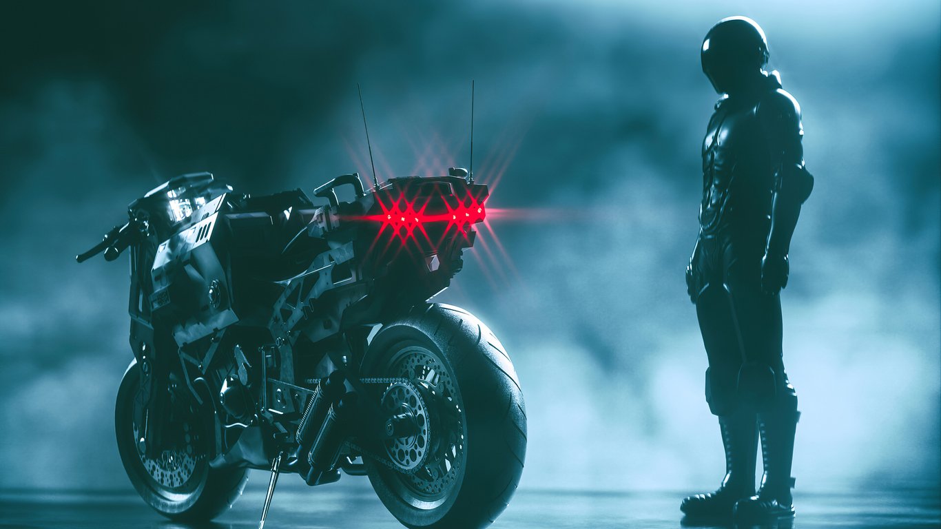 Cyberpunk Bike With Man 4k 1366x768 Resolution HD 4k Wallpaper, Image, Background, Photo and Picture