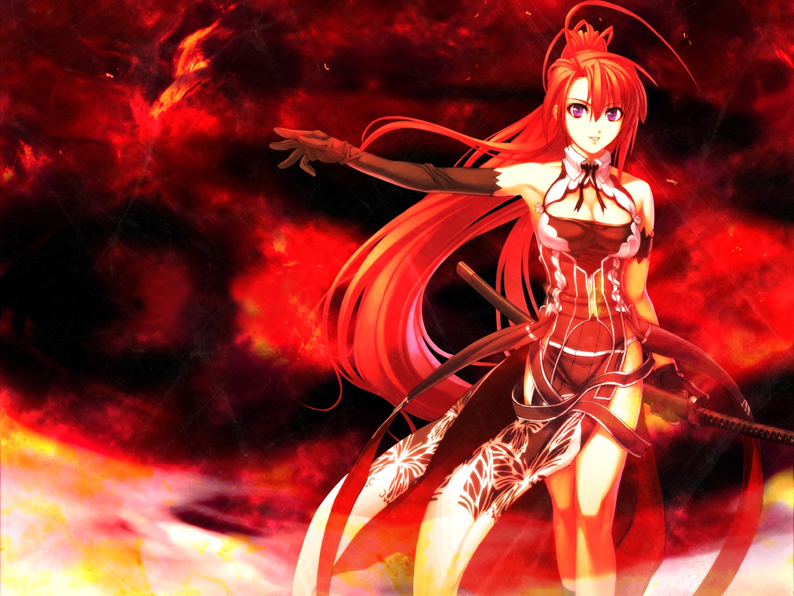 Wallpaper, anime, girl, red, hair, sword, background 1600x1200