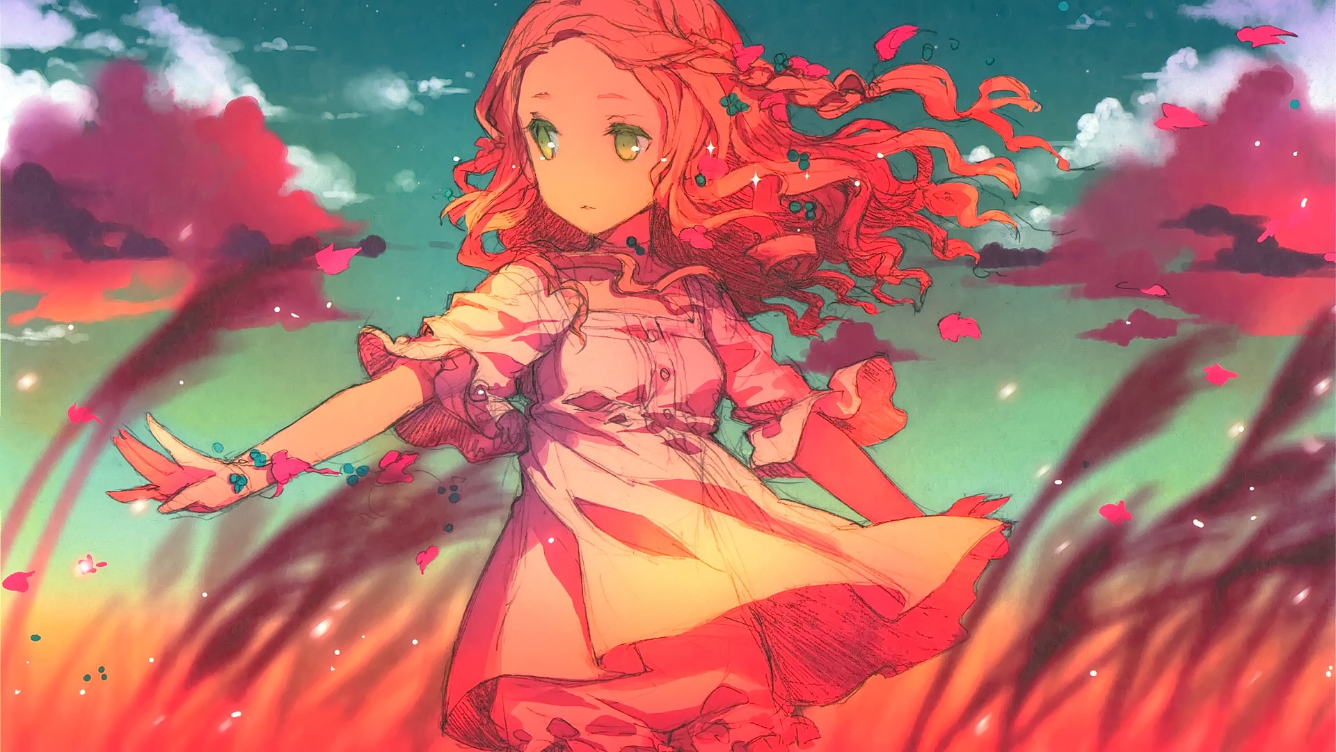 Wallpaper, illustration, redhead, looking away, long hair, anime girls, red, sky, green eyes, clouds, dress, flower, screenshot, computer wallpaper 1920x1080