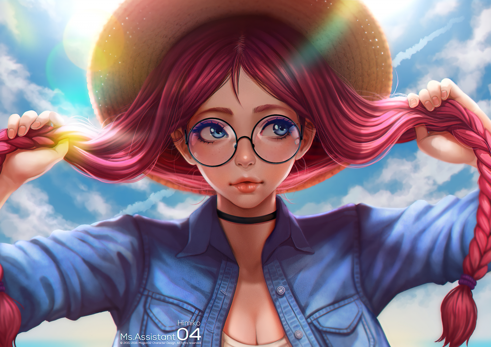 illustration, redhead, long hair, anime, anime girls, blue eyes, glasses, hat, open shirt, screenshot, computer wallpaper, mangaka. Mocah HD Wallpaper