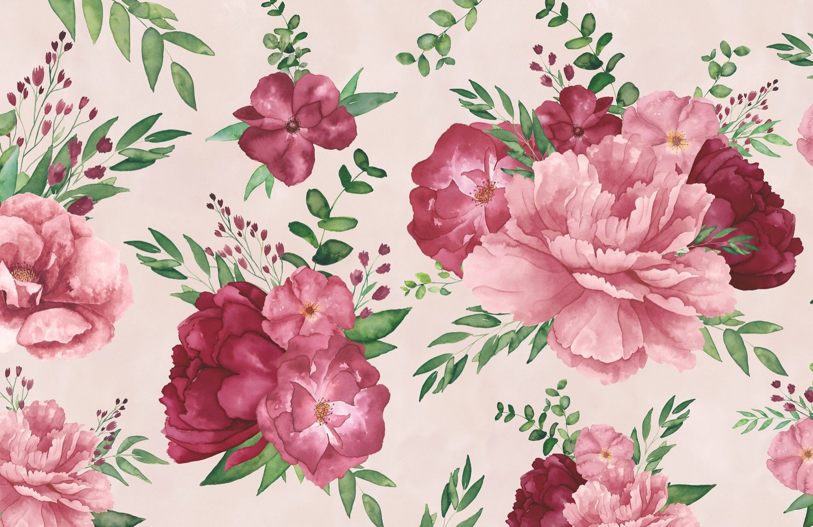 Light Pink Watercolor Floral Print Wallpaper Mural