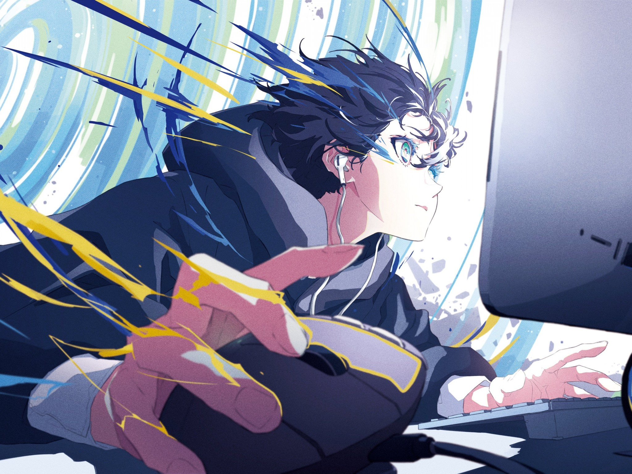 Download 2048x1536 Anime Boy, Gaming, Jacket, Keyboard Warrior, Monitor Wallpaper for Ainol Novo 9 Spark