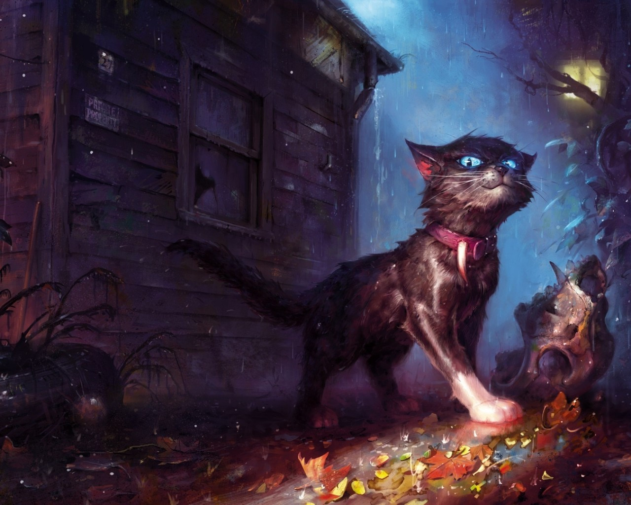 Download 1280x1024 Creepy Cat, Fantasy Pets, Raining, Autumn, Painting Wallpaper