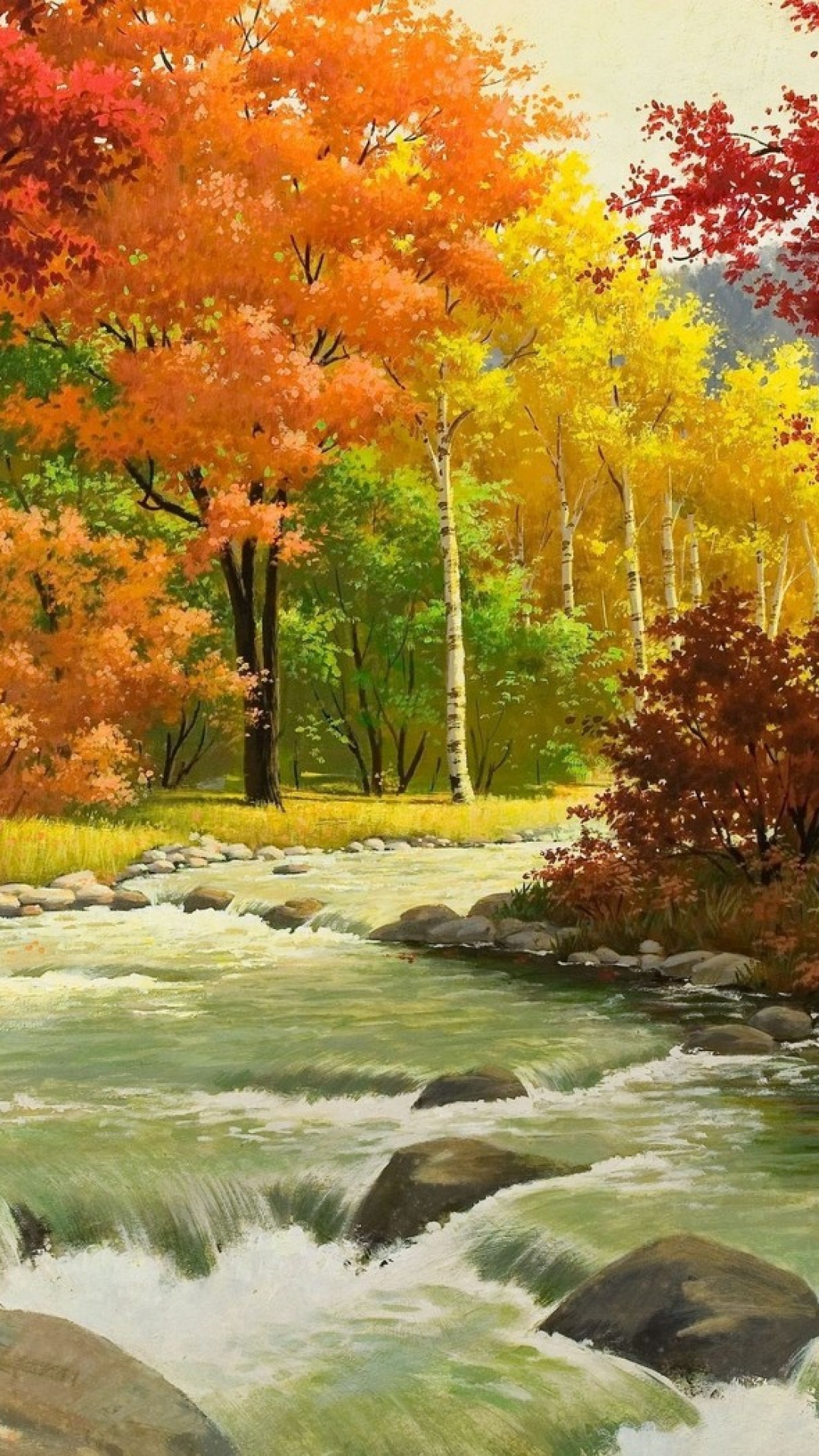 wallpaper sungai, natural landscape, nature, tree, painting, leaf, river, autumn, stream, bank, watercourse