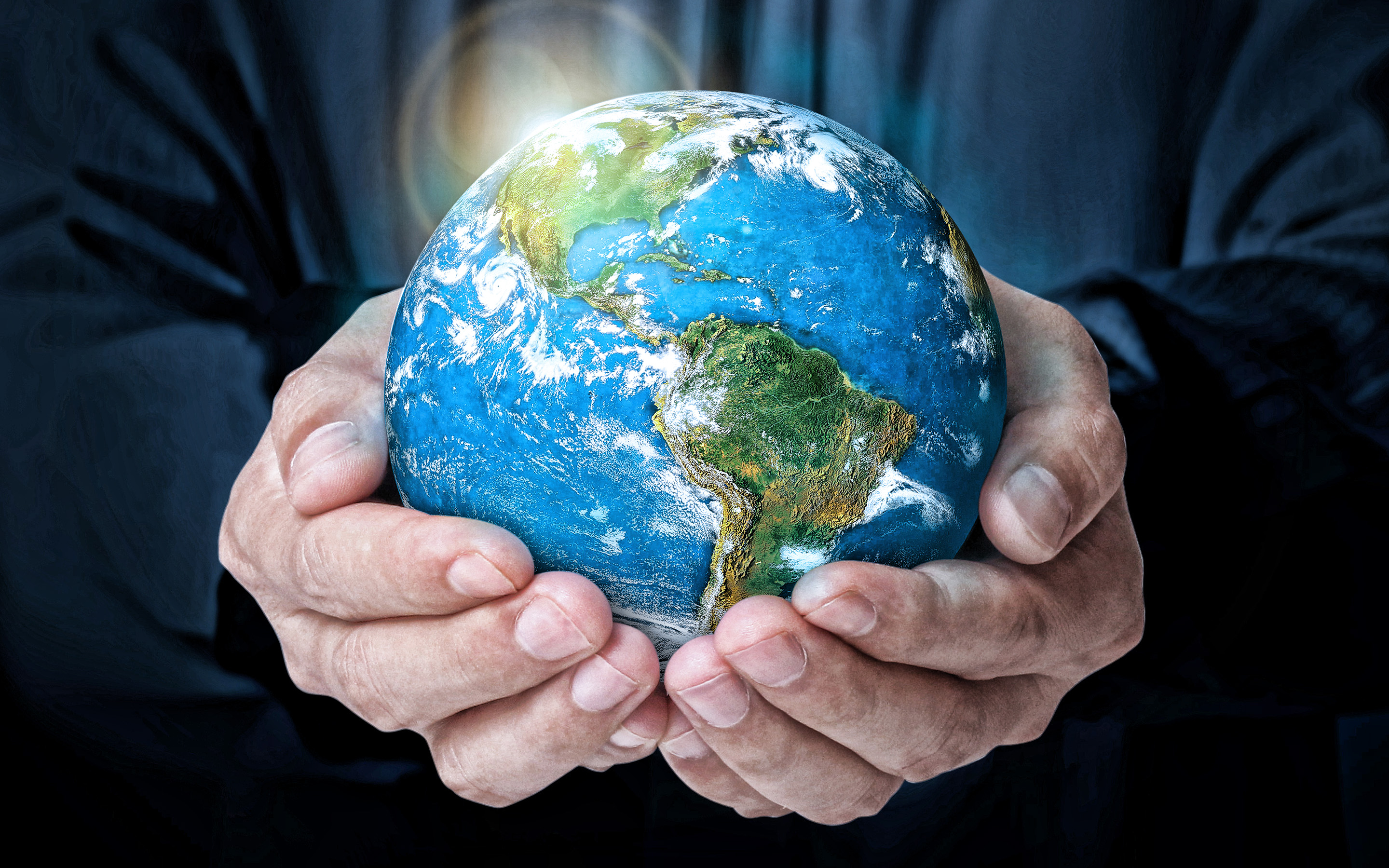 Download wallpaper Earth in the hands, North America on the globe, South America on the globe, continents, save the planet, save Earth, environment, ecology concepts, Earth for desktop with resolution 2880x1800. High